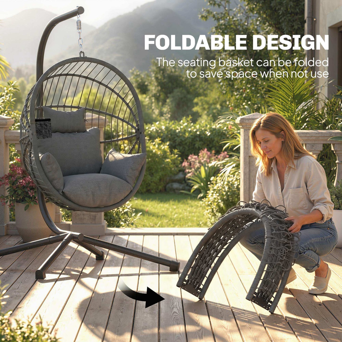 Metal Stand Hanging Egg Chair, with Full Body Padded Seat - Grey