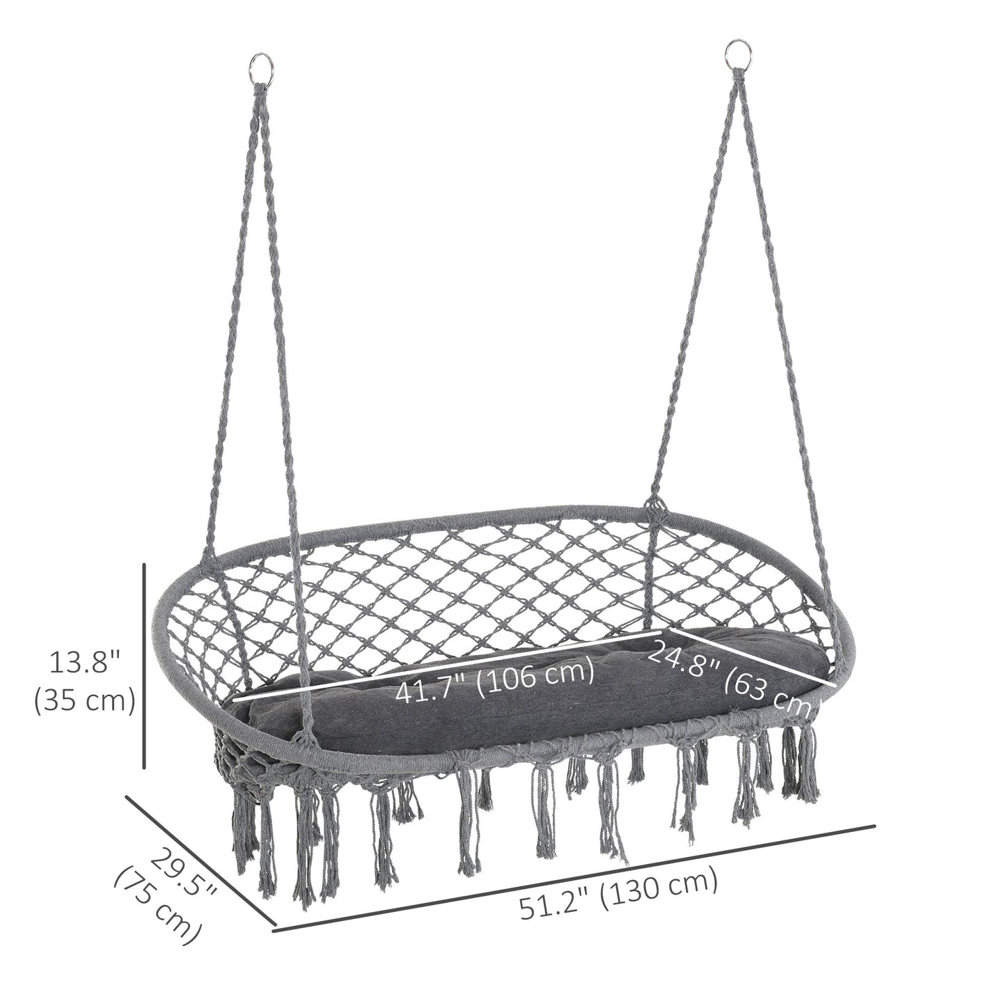 Patio Hammock Chair 2 Seat, Hanging Rope Hammock Swing Chair with Metal Frame and Cushion, Large Macrame Seat for Indoor and Outdoor 396 lbs Capacity, Dark Grey
