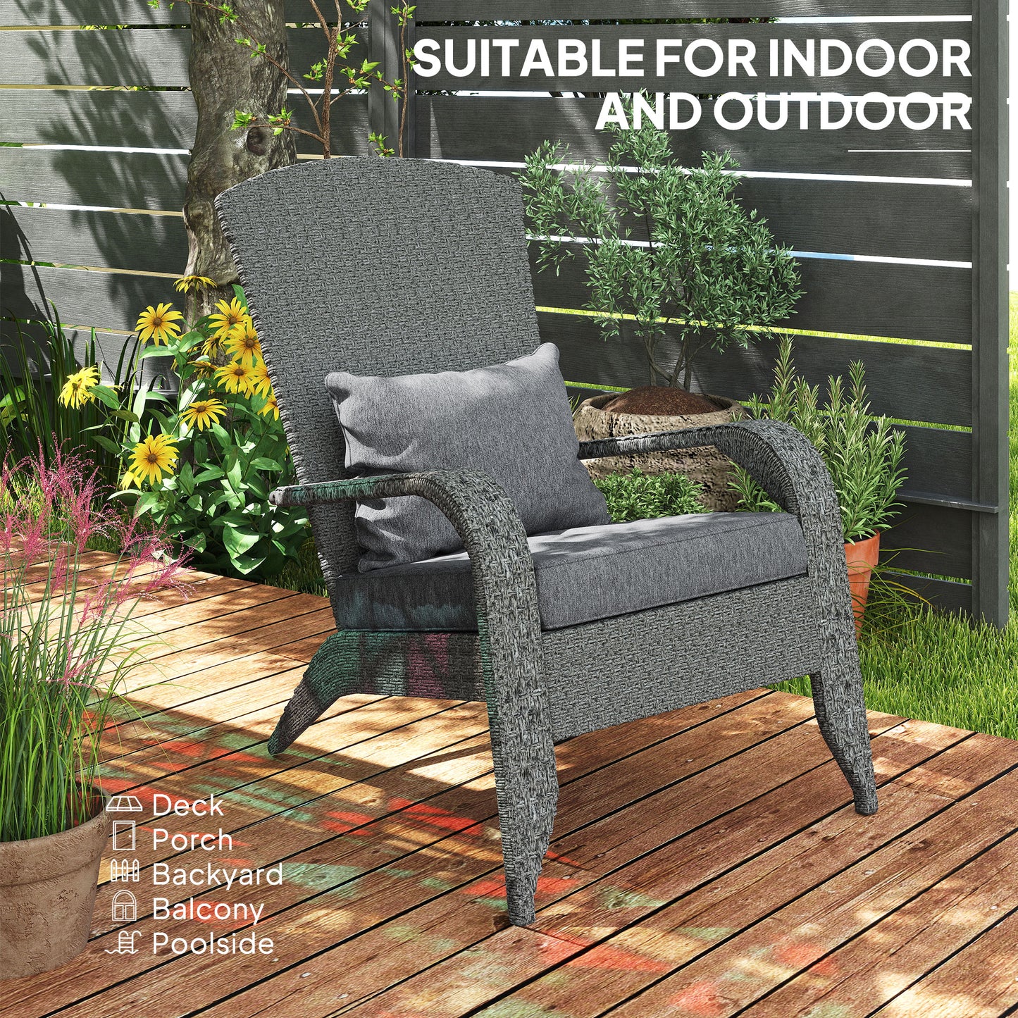Wicker Adirondack Chair, PE Rattan Outdoor Fire Pit Chair Muskoka Chair with Cushions, Heather Grey