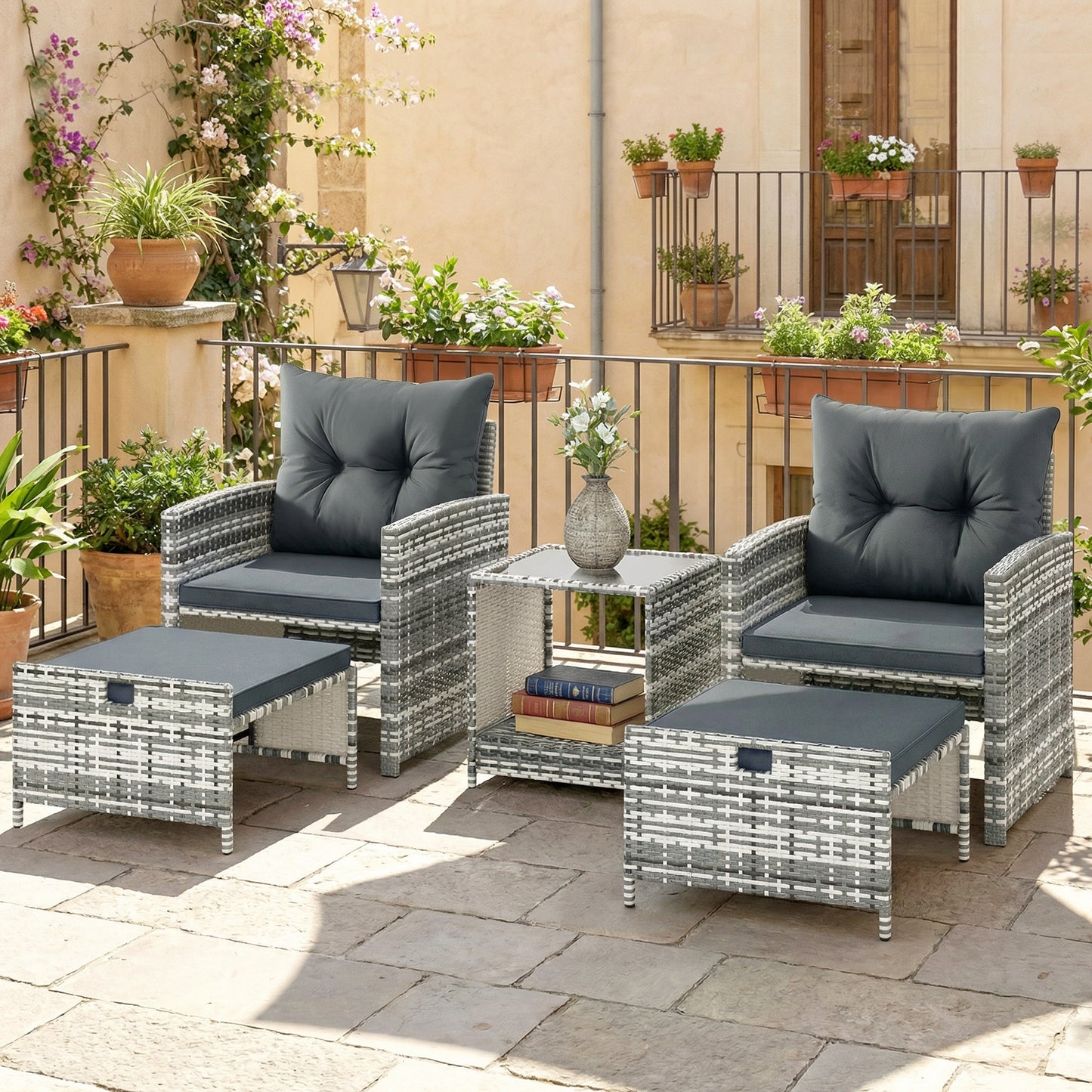 5 Piece Patio Furniture Set, Wicker Patio Chairs with Ottomans, 2-Tier Glass Coffee Table and Cushions, Grey/Dark Grey