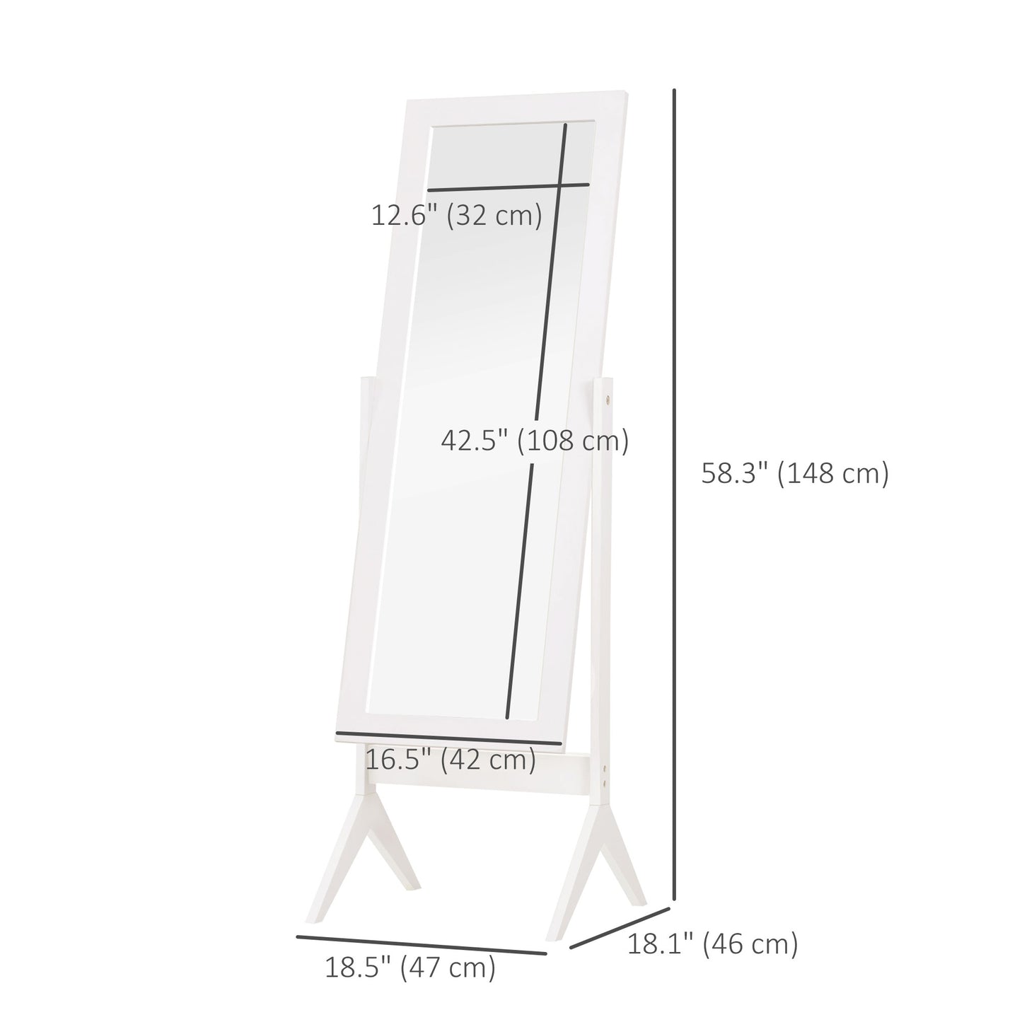 Full Length Mirror, Free Standing Full Body Mirror with Rectangular Frame, Adjustable Angle for Dressing Room, Bedroom, Living Room, White