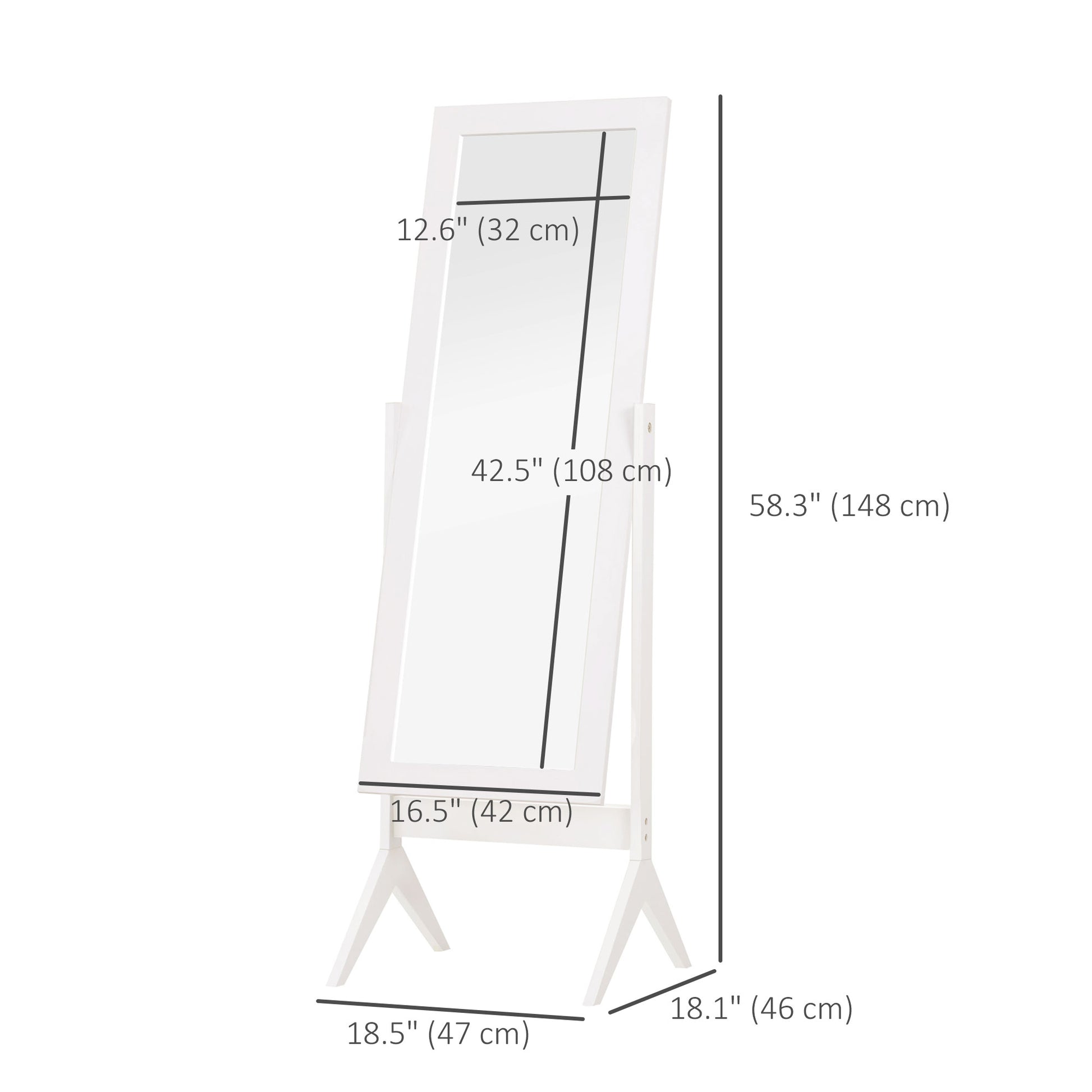 Full Length Mirror, Free Standing Full Body Mirror with Rectangular Frame, Adjustable Angle for Dressing Room, Bedroom, Living Room, White