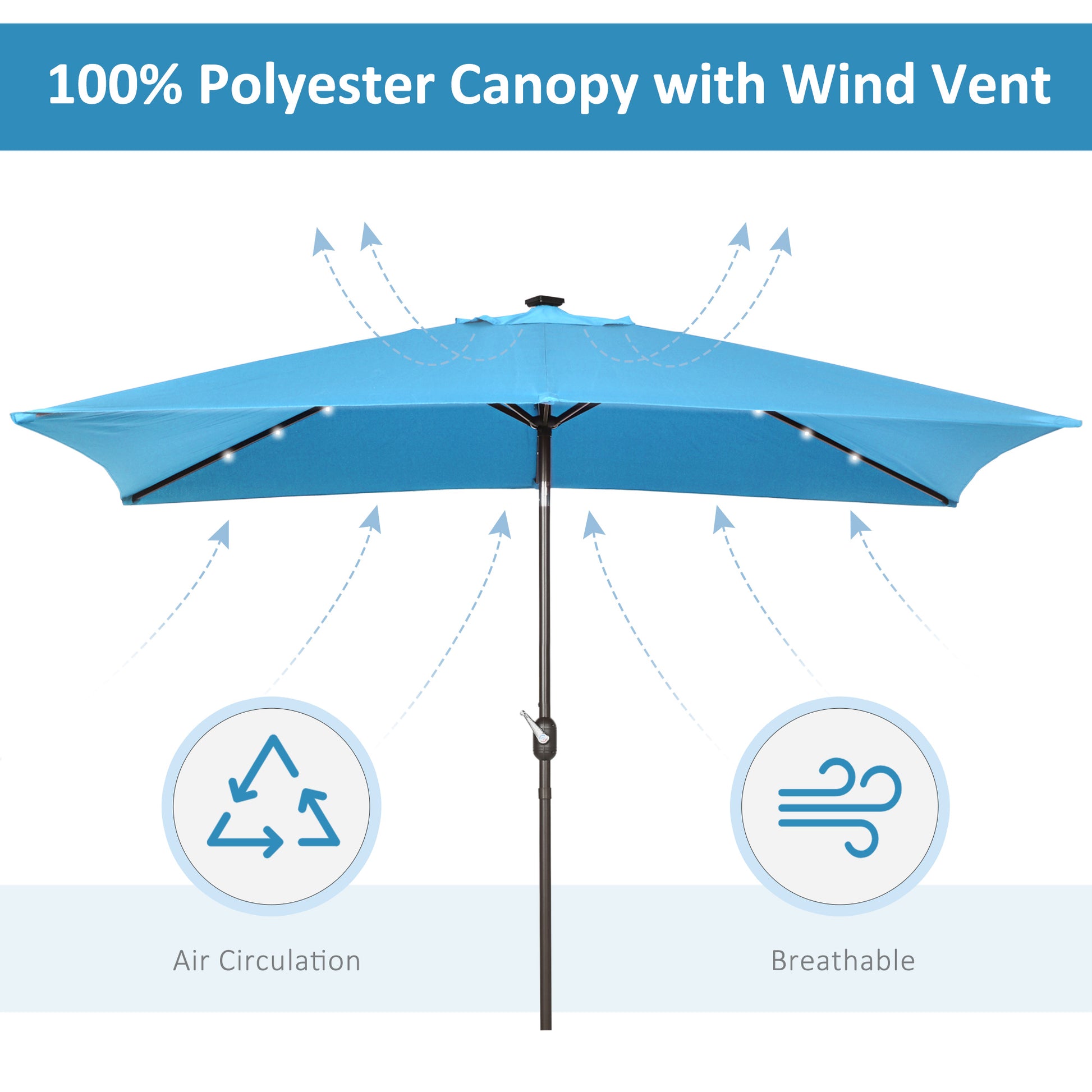 6.5x10ft Patio Umbrella Rectangle Solar Powered Tilt Aluminum Outdoor Market Parasol with LEDs Crank (Turquoise)