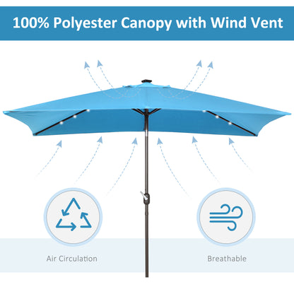 6.5x10ft Patio Umbrella Rectangle Solar Powered Tilt Aluminum Outdoor Market Parasol with LEDs Crank (Turquoise)