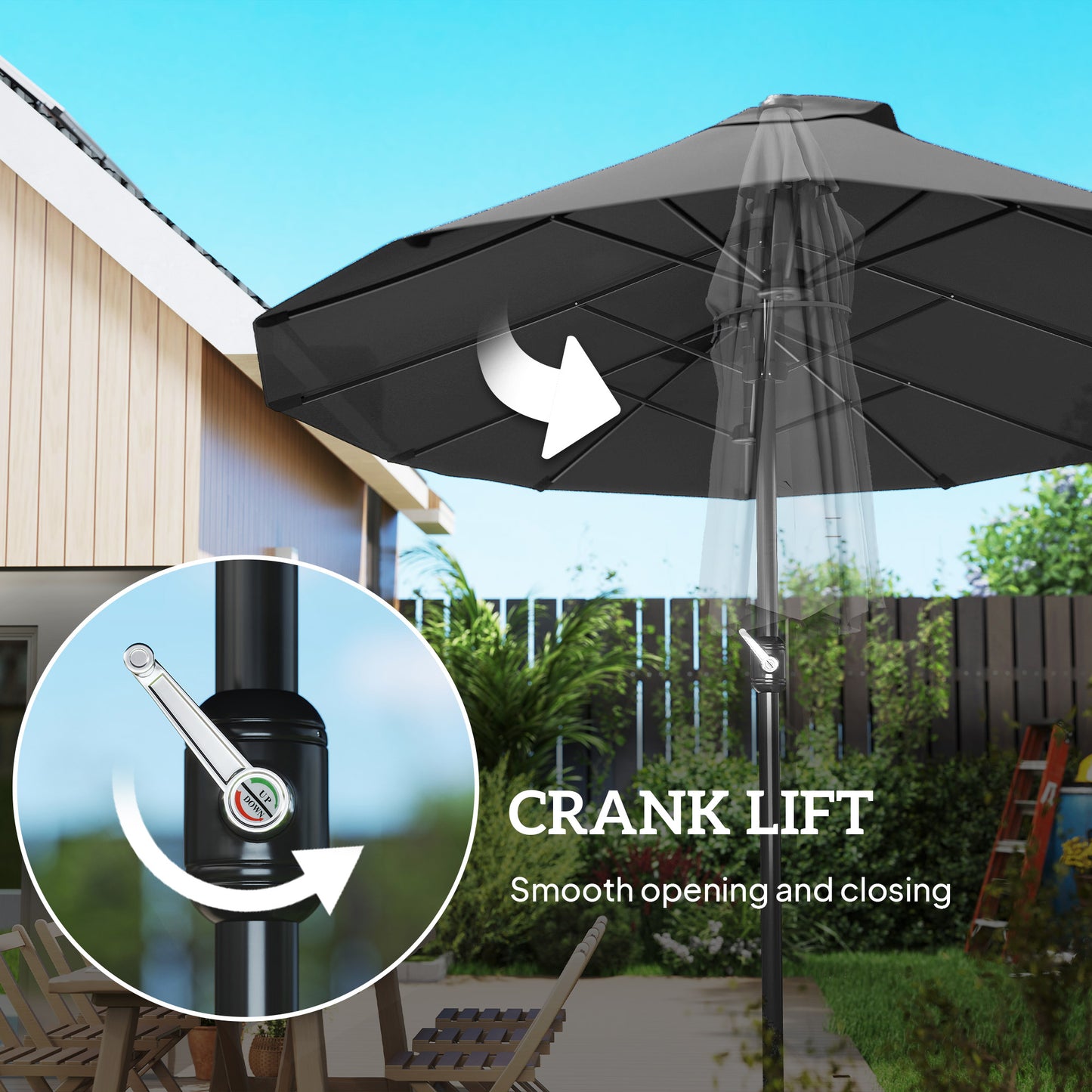 15ft Double-sided Outdoor Sun Umbrella with Twin Canopy, Outdoor Parasol with Crank for Pool, Deck, Black
