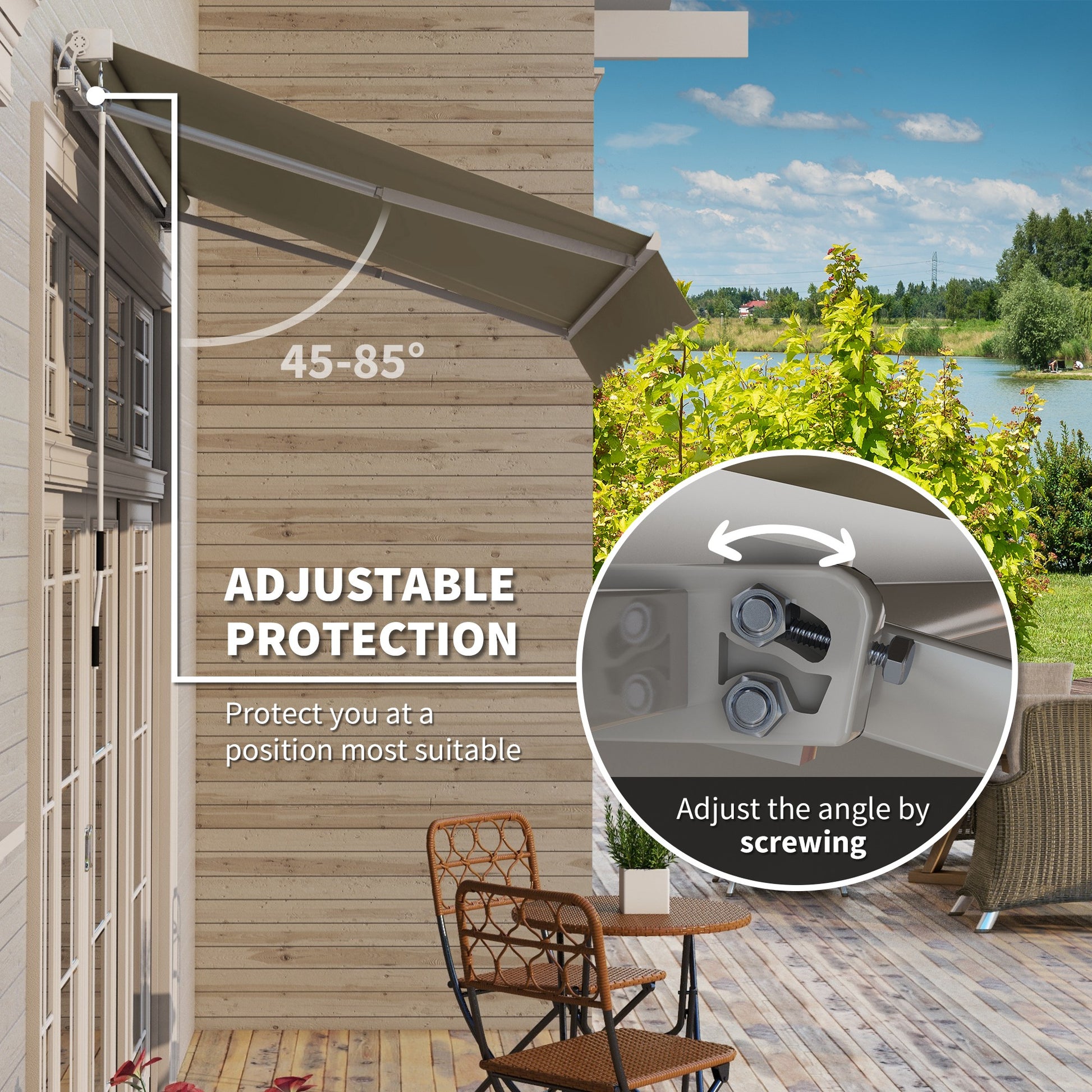 8'x7' Patio Awning Manual Retractable Sun Shade Outdoor Deck Canopy Shelter, Khaki