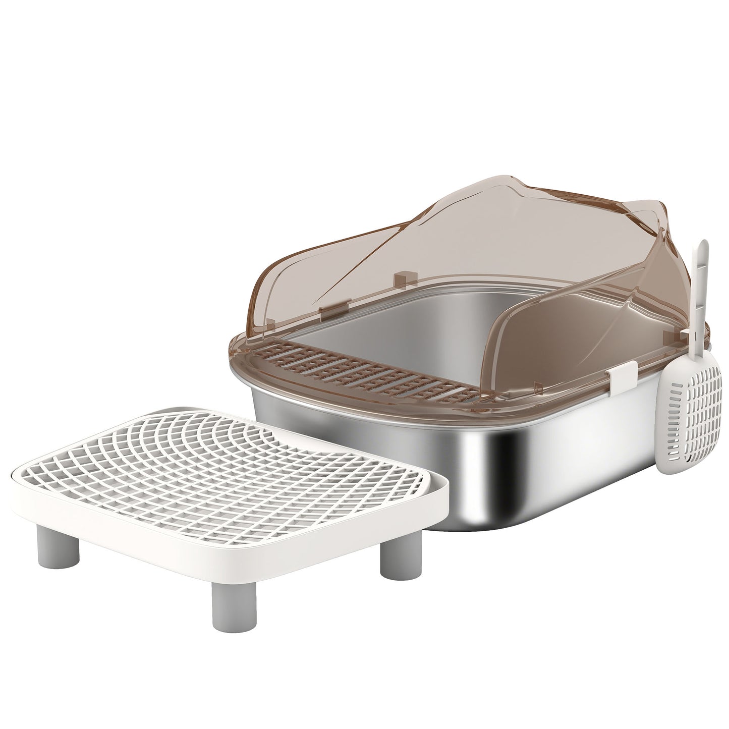 Stainless Steel Cat Litter Box with High Sided Enclosure, Step, Scoop, Non-Sticky & Anti-Urine Leakage, Easy Cleaning
