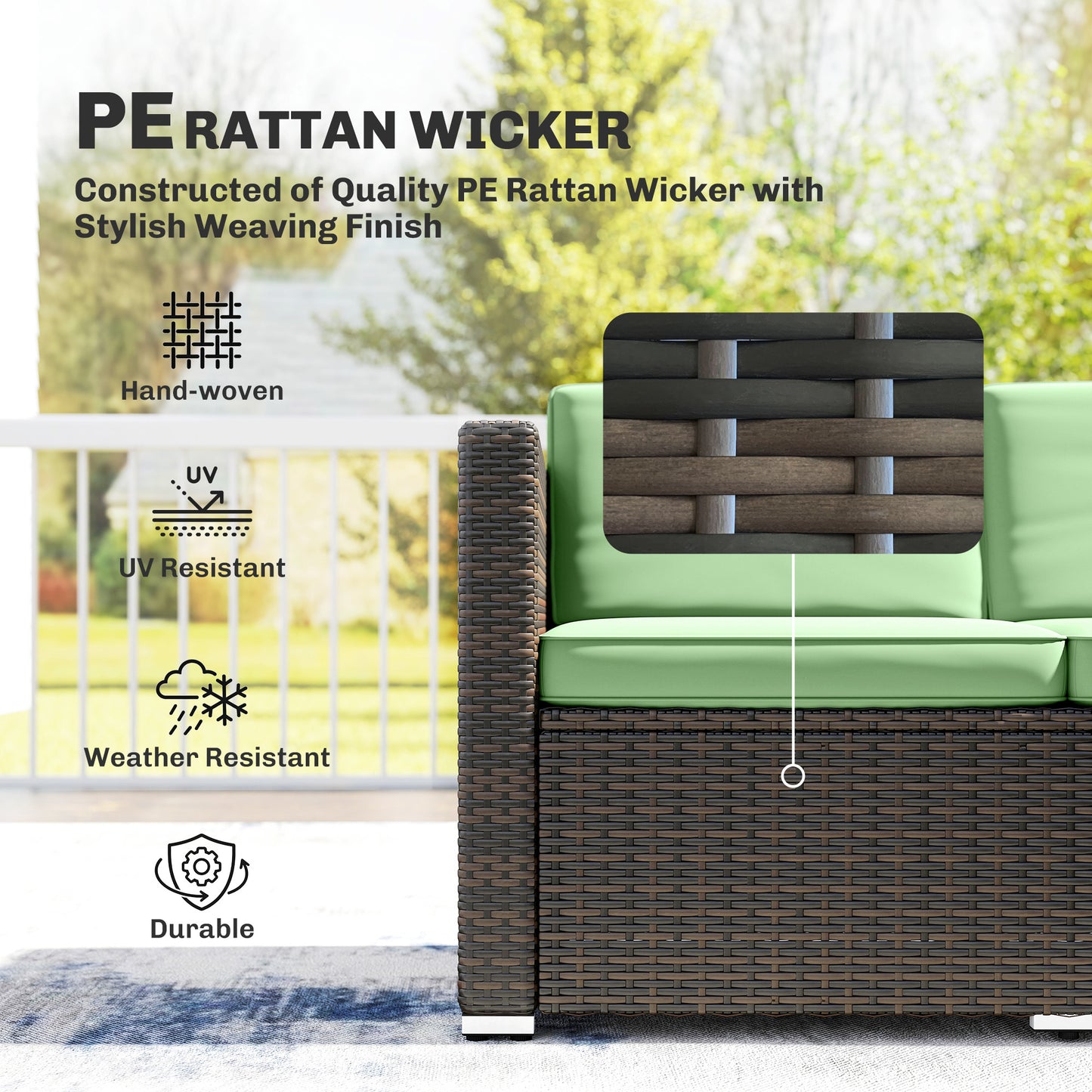3 Pieces Patio Furniture Set with Cushions, Outdoor PE Rattan Wicker Conversation Corner Sofa Set, Light Green