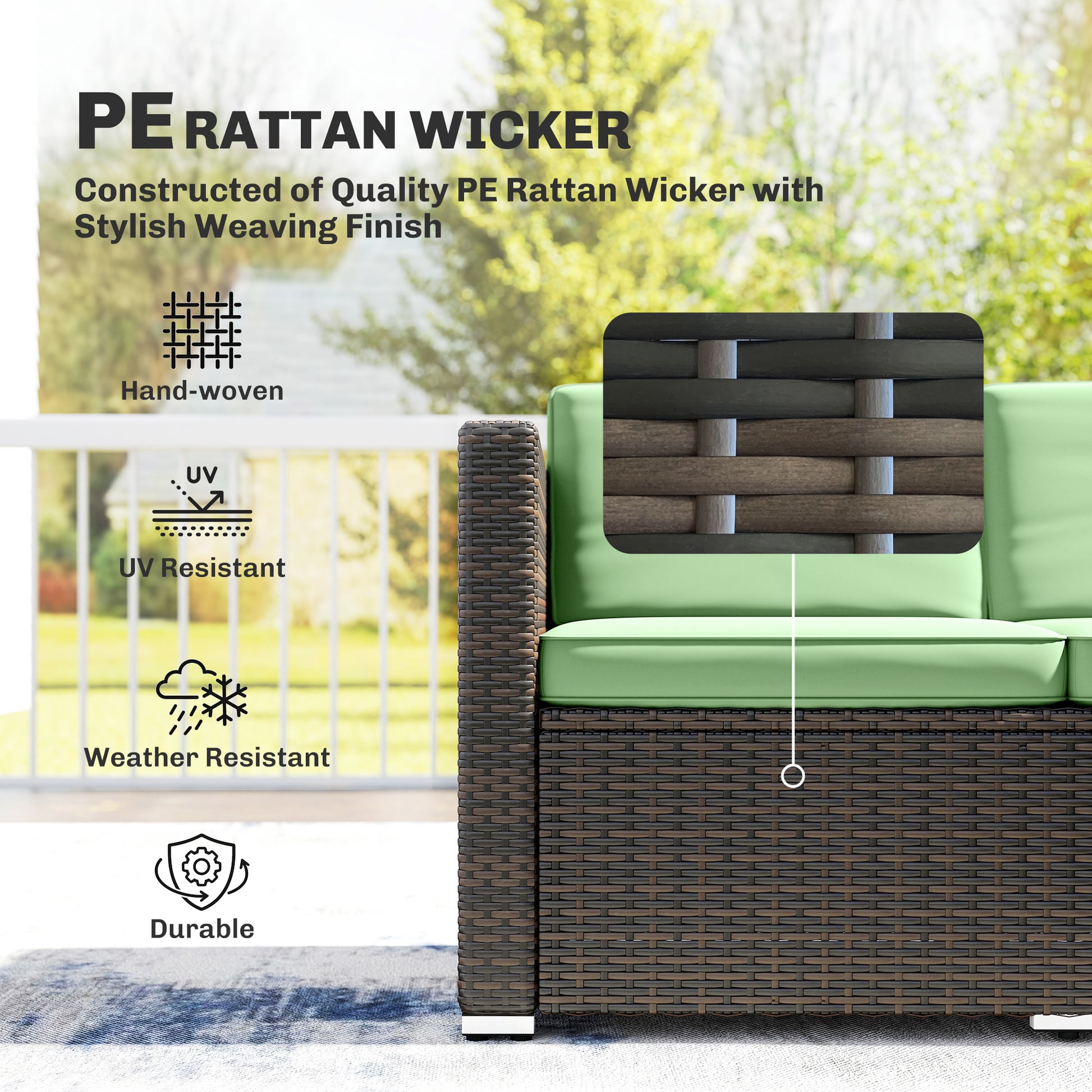 3 Pieces Patio Furniture Set with Cushions, Outdoor PE Rattan Wicker Conversation Corner Sofa Set, Light Green