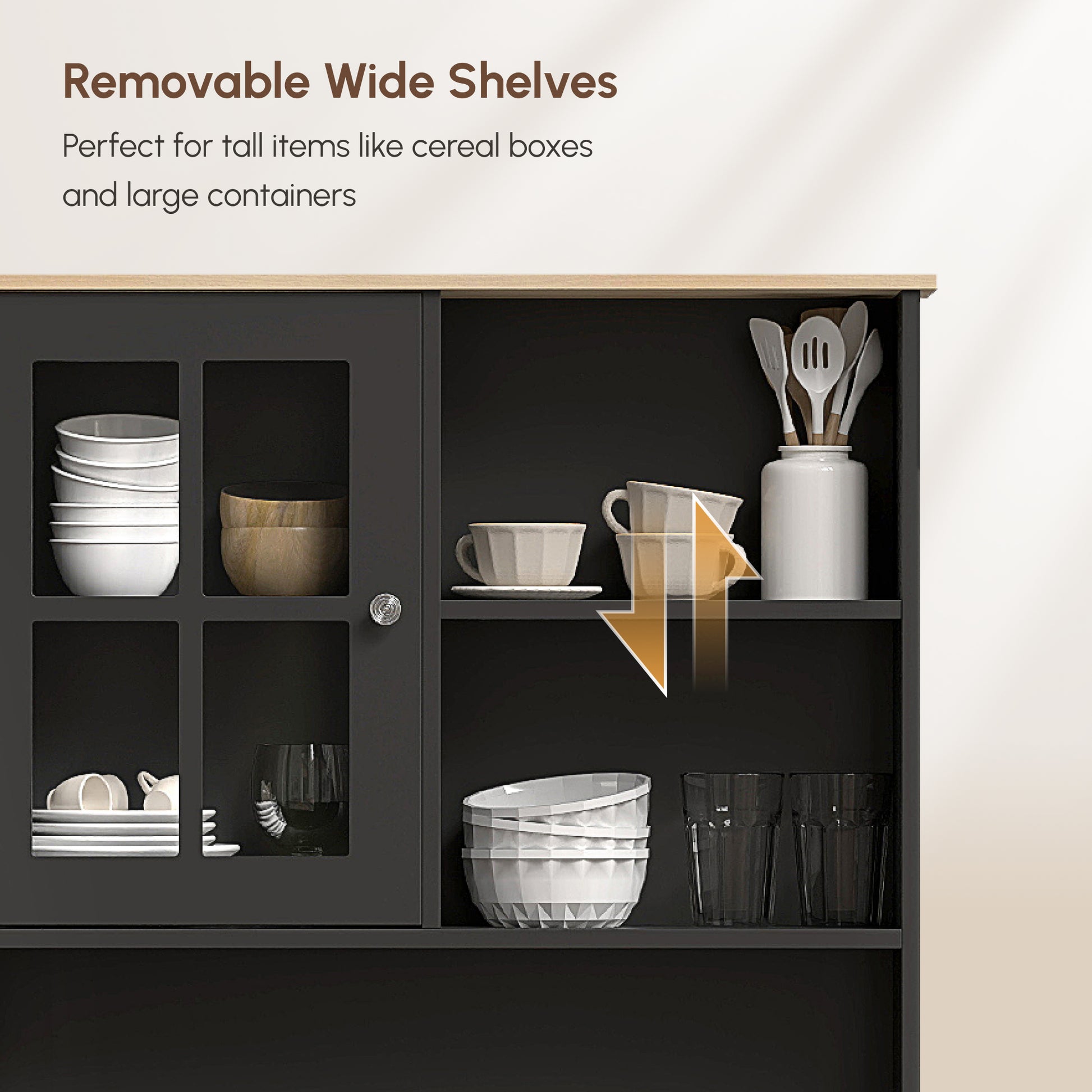 Kitchen Buffet with Hutch, Storage Pantry with 3 Cabinets, 2 Open Shelves and Large Countertop, Black