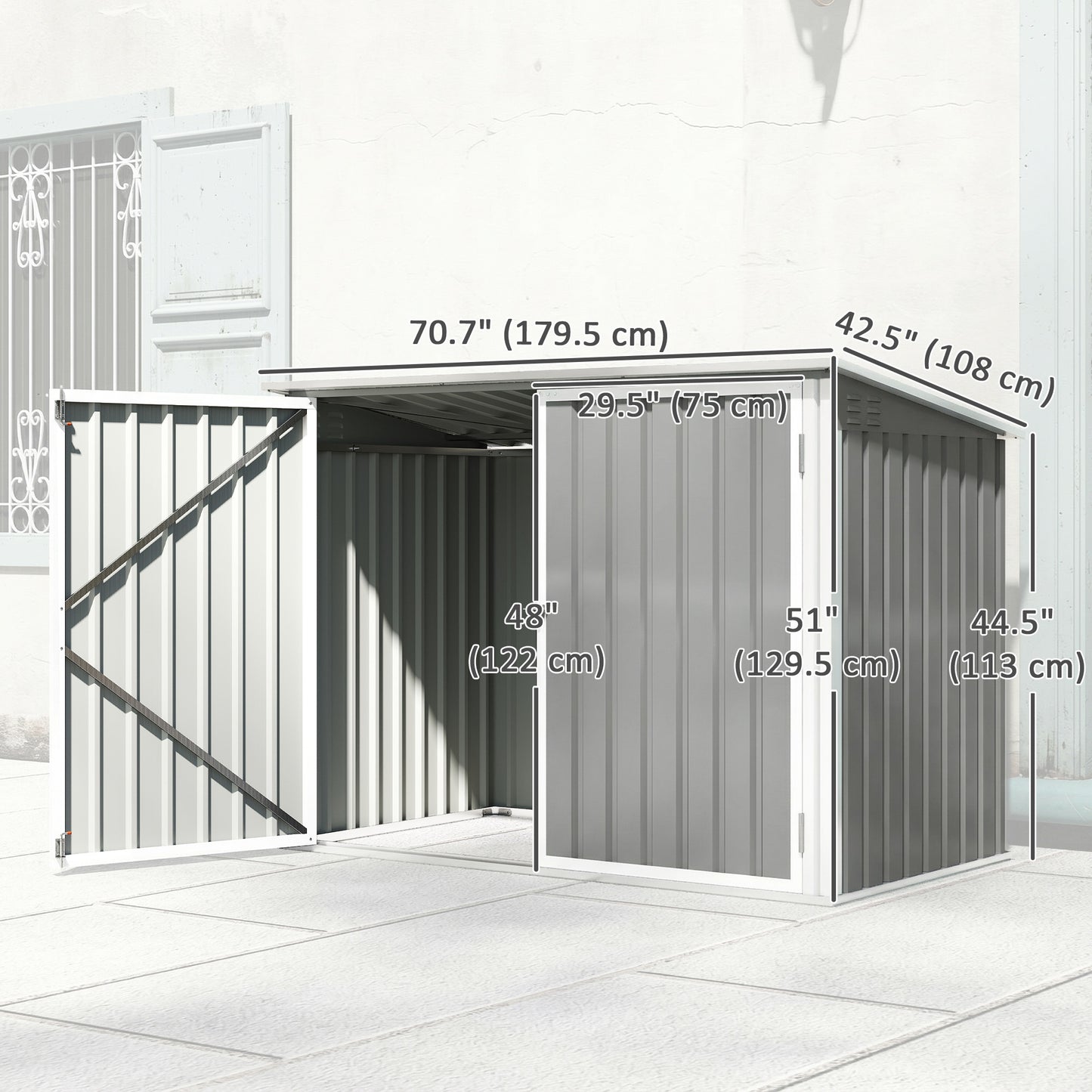 Outdoor Metal Storage Shed Garden Garbage Can Organizer with Double Door and Vents for 2 Trash Cans, Light Grey
