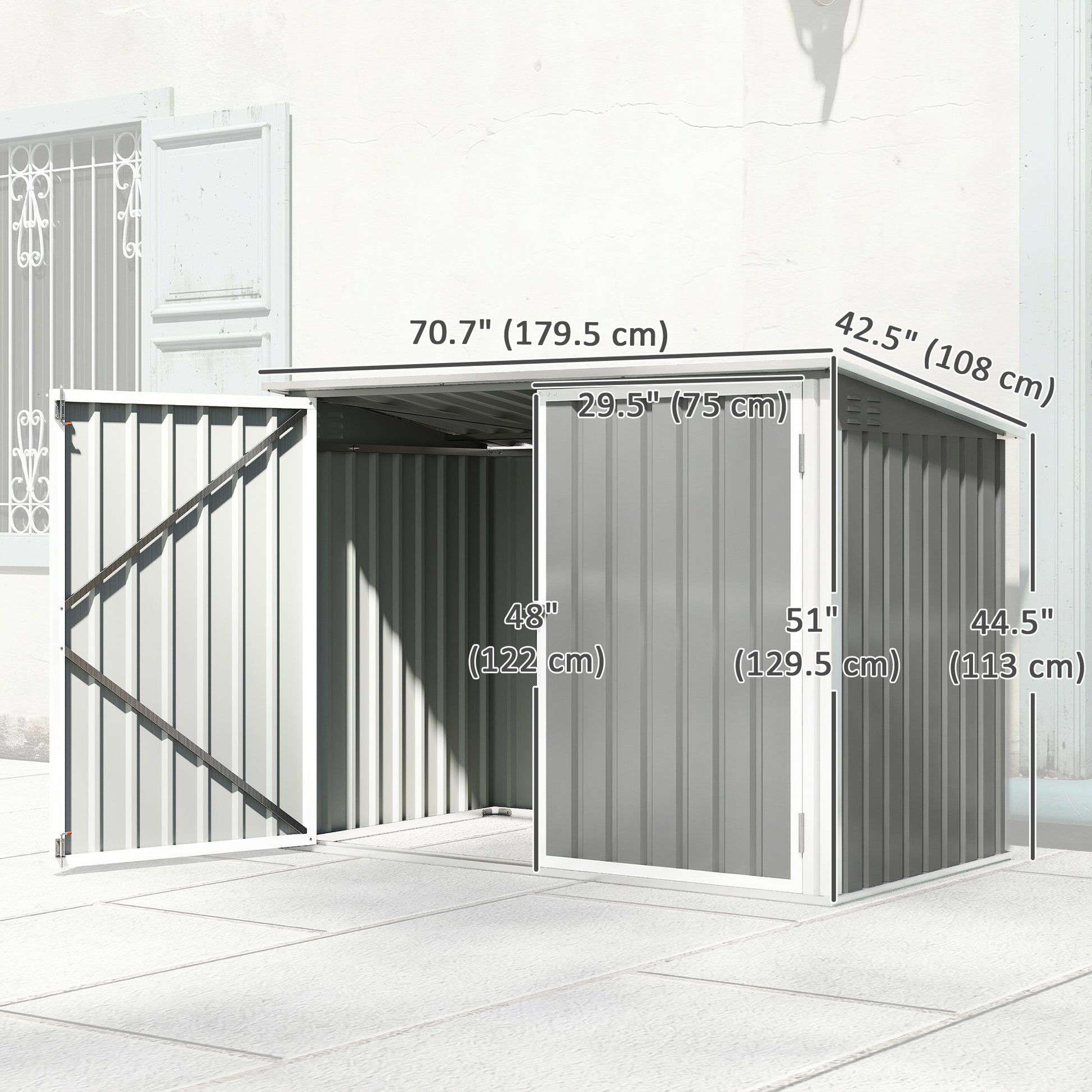 Outdoor Metal Storage Shed Garden Garbage Can Organizer with Double Door and Vents for 2 Trash Cans, Light Grey