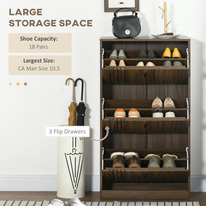 Shoe Storage Cabinet Organizer for 18 Pairs of Shoes with 3 Flip Drawers and Adjustable Shelves, Walnut