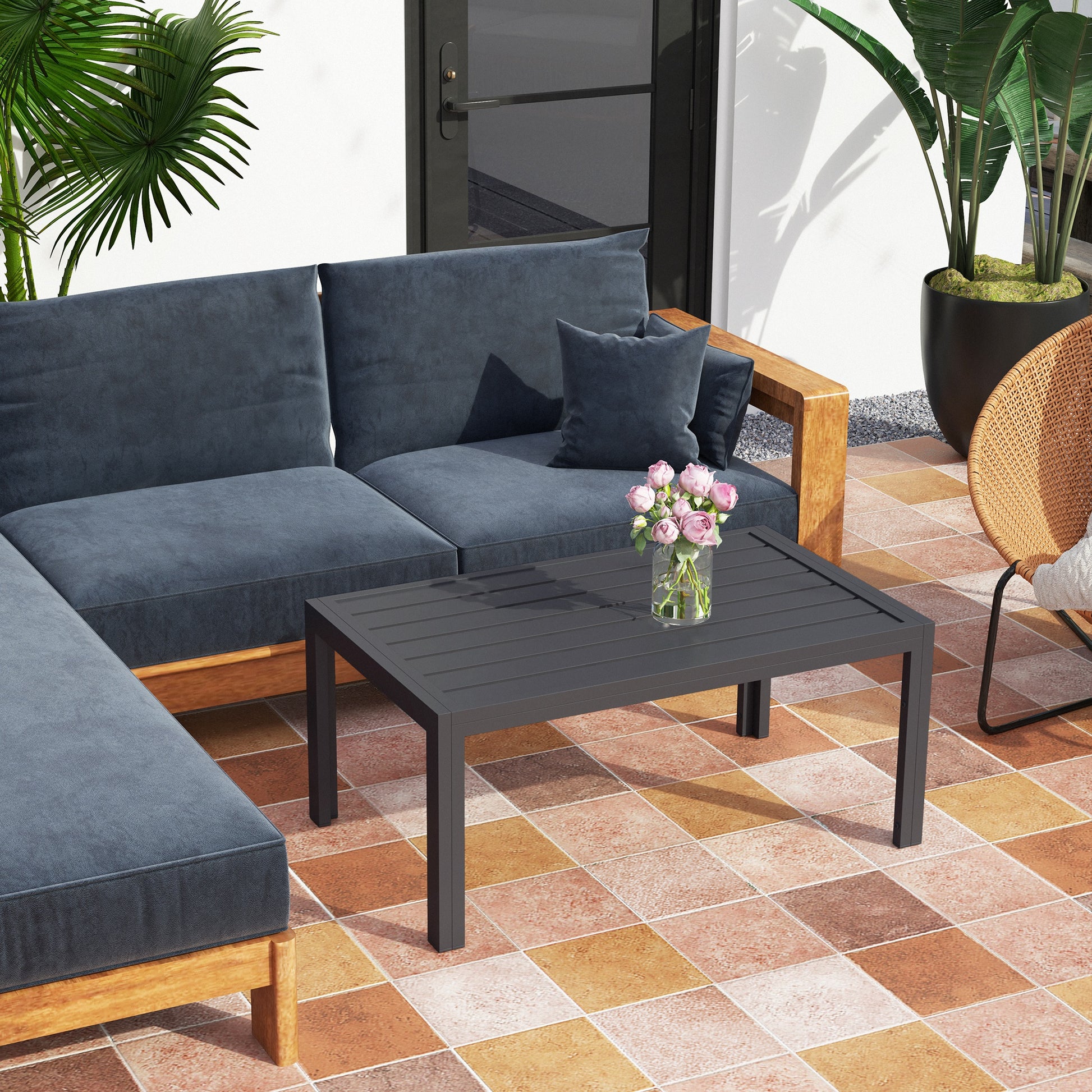 Outdoor Coffee Table, Rectangular Patio Table with Steel Frame and Slat Tabletop for Garden, Balcony, Grey