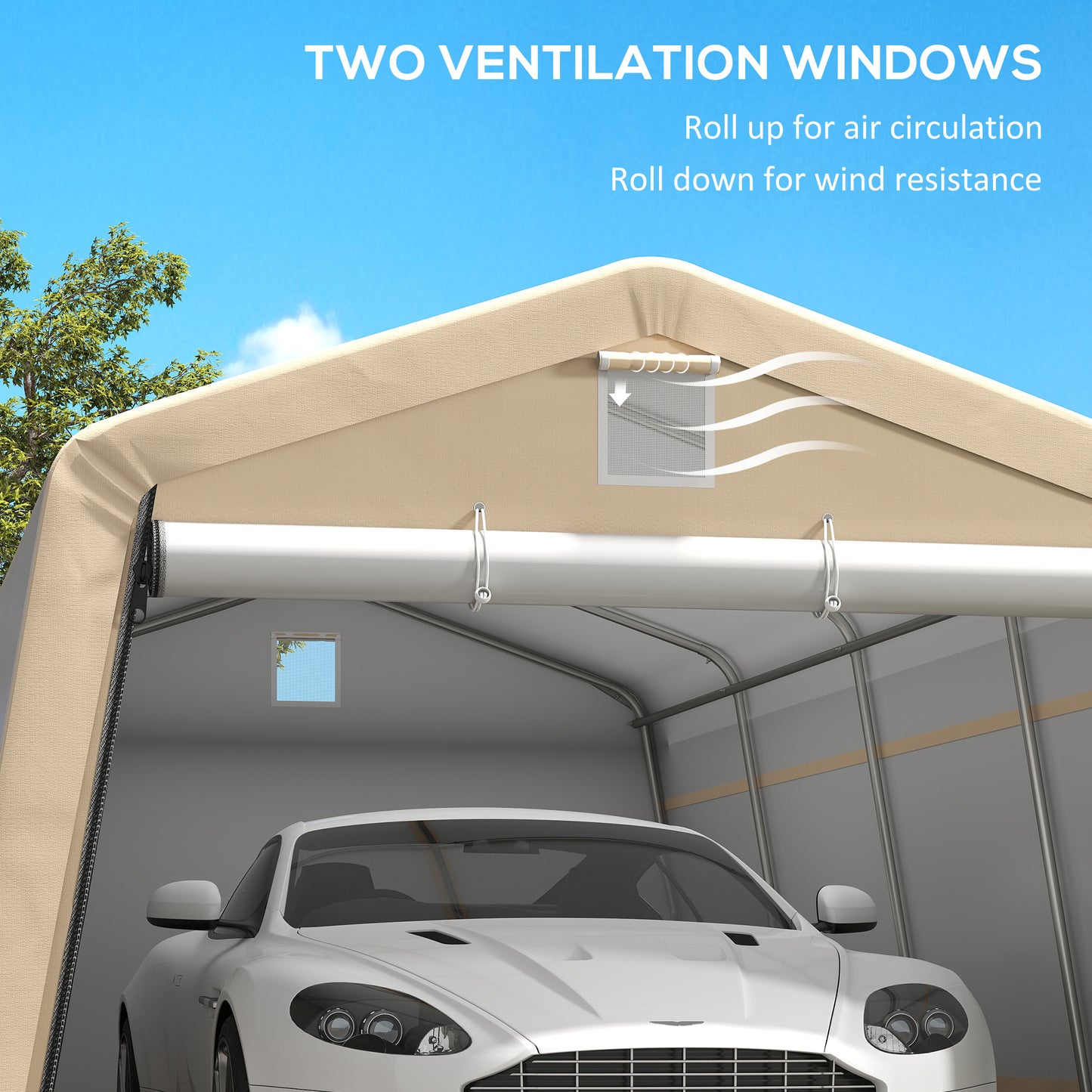 11' x 20' Portable Garage, Heavy Duty Carport Canopy with Ventilation Windows and Large Roll-up Door, Khaki