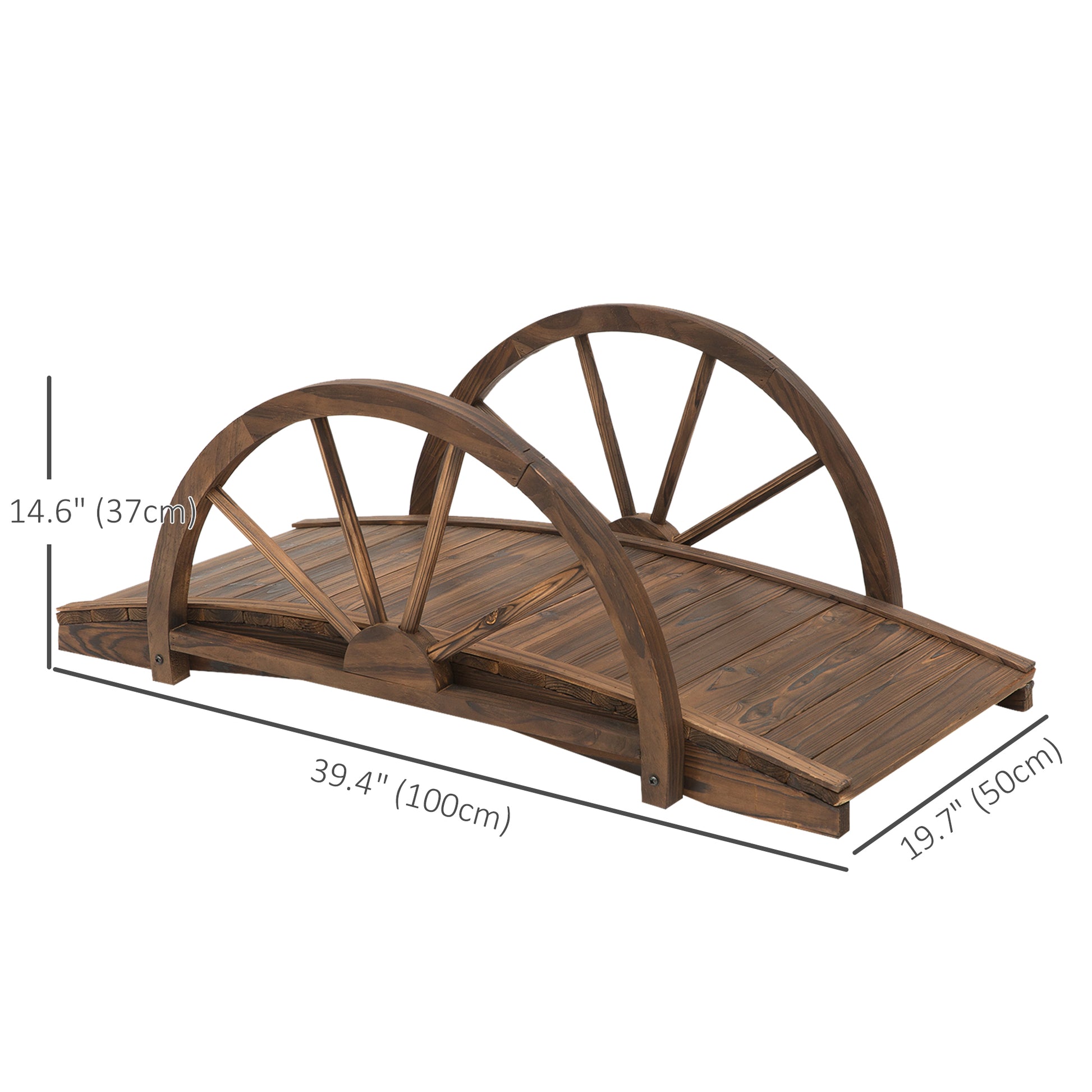 3.3ft Wooden Garden Bridge Arc Stained Finish Walkway with Half Wheeled Railings, Stained Wood