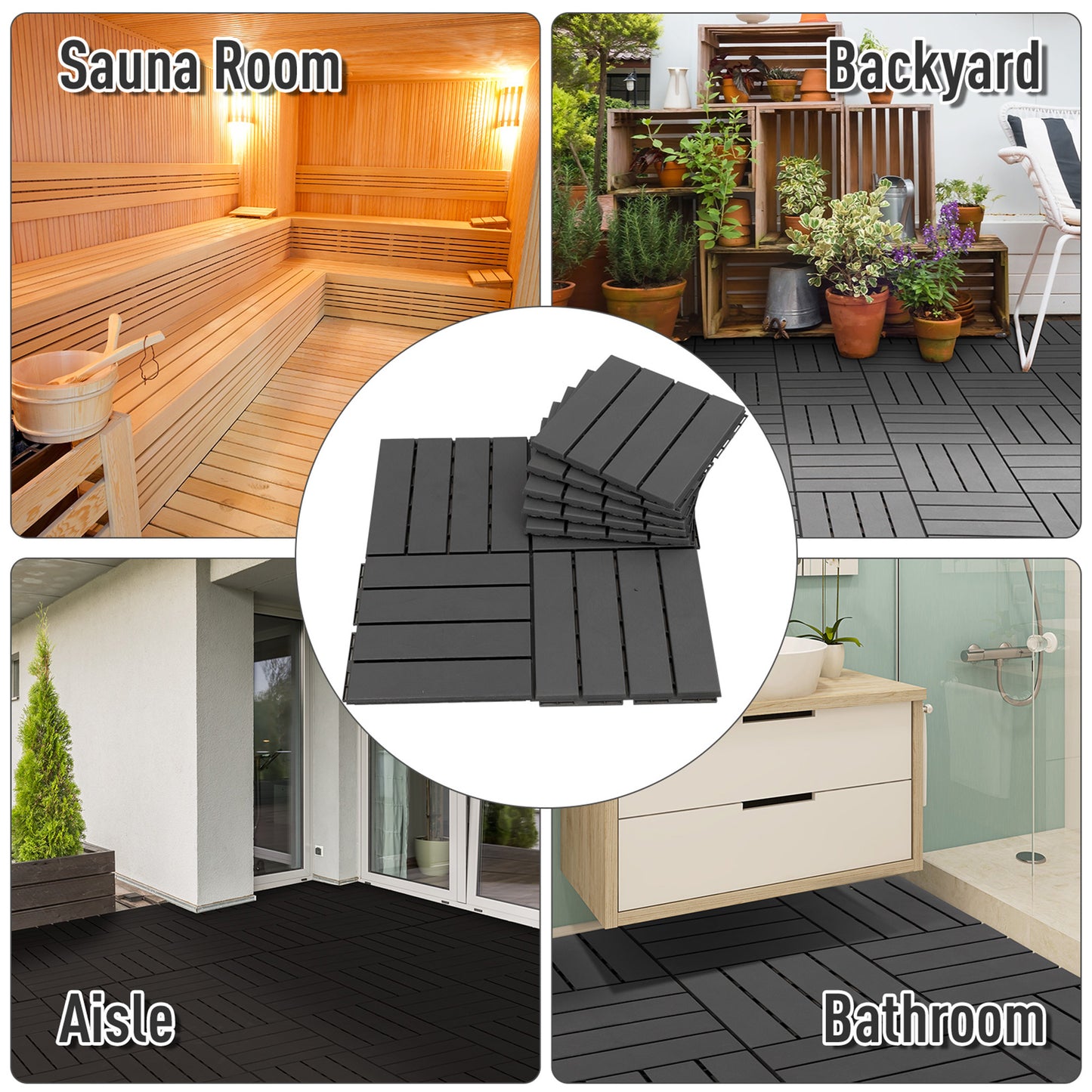 9 Pcs PP Interlocking Composite Deck Tile, 12" x 12" Outdoor Flooring Tiles for Indoor and Outdoor Use, Tools Free Assembly, Black