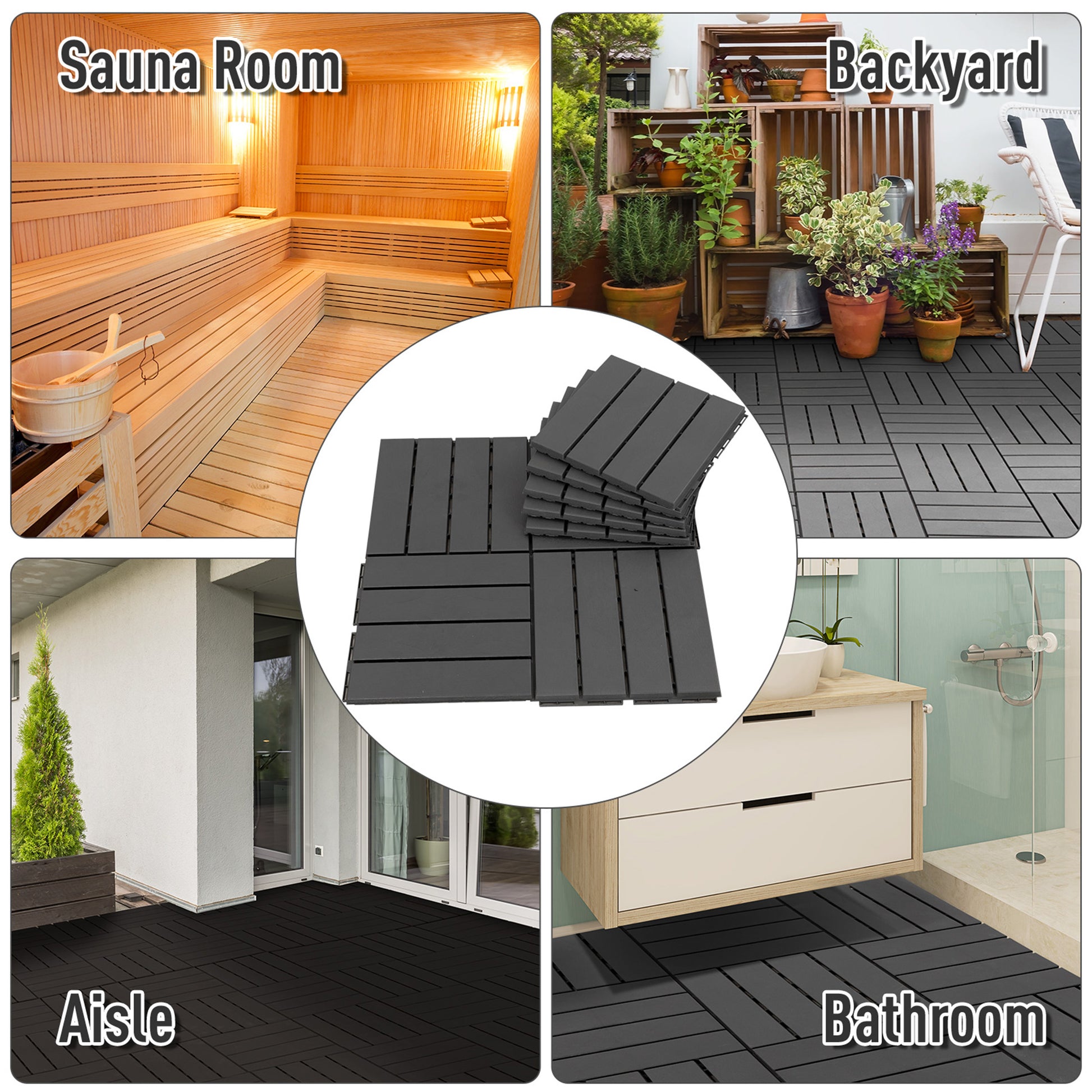 9 Pcs PP Interlocking Composite Deck Tile, 12" x 12" Outdoor Flooring Tiles for Indoor and Outdoor Use, Tools Free Assembly, Black