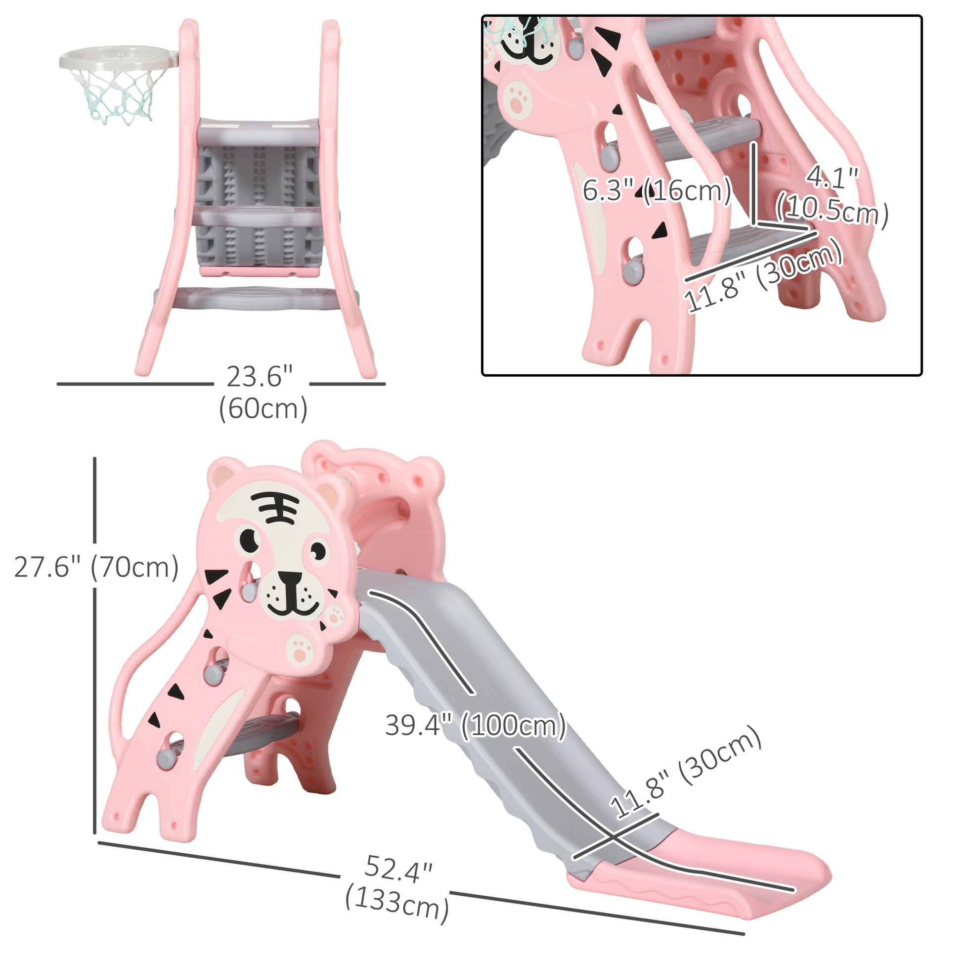 Qaba 3 in 1 Slide for Toddlers, Kids Slide Playset with Basketball Hoop, Climber, for 18-36 Months, Pink