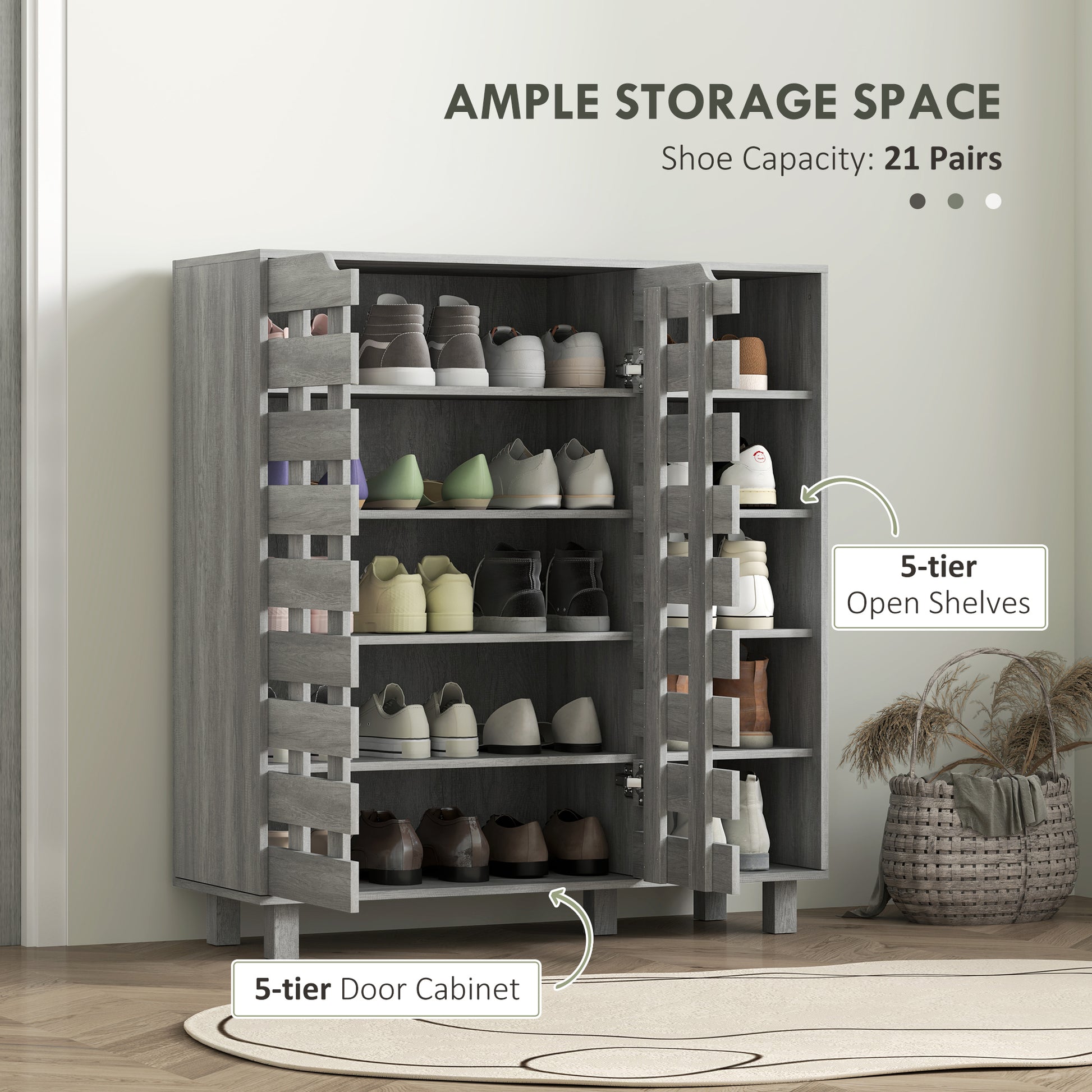 Shoe Cabinet, 21 Pair Shoe Storage Cabinet Organizer with 5-tier Double Door Cabinet and 5-tier Open Shelves, Light Grey
