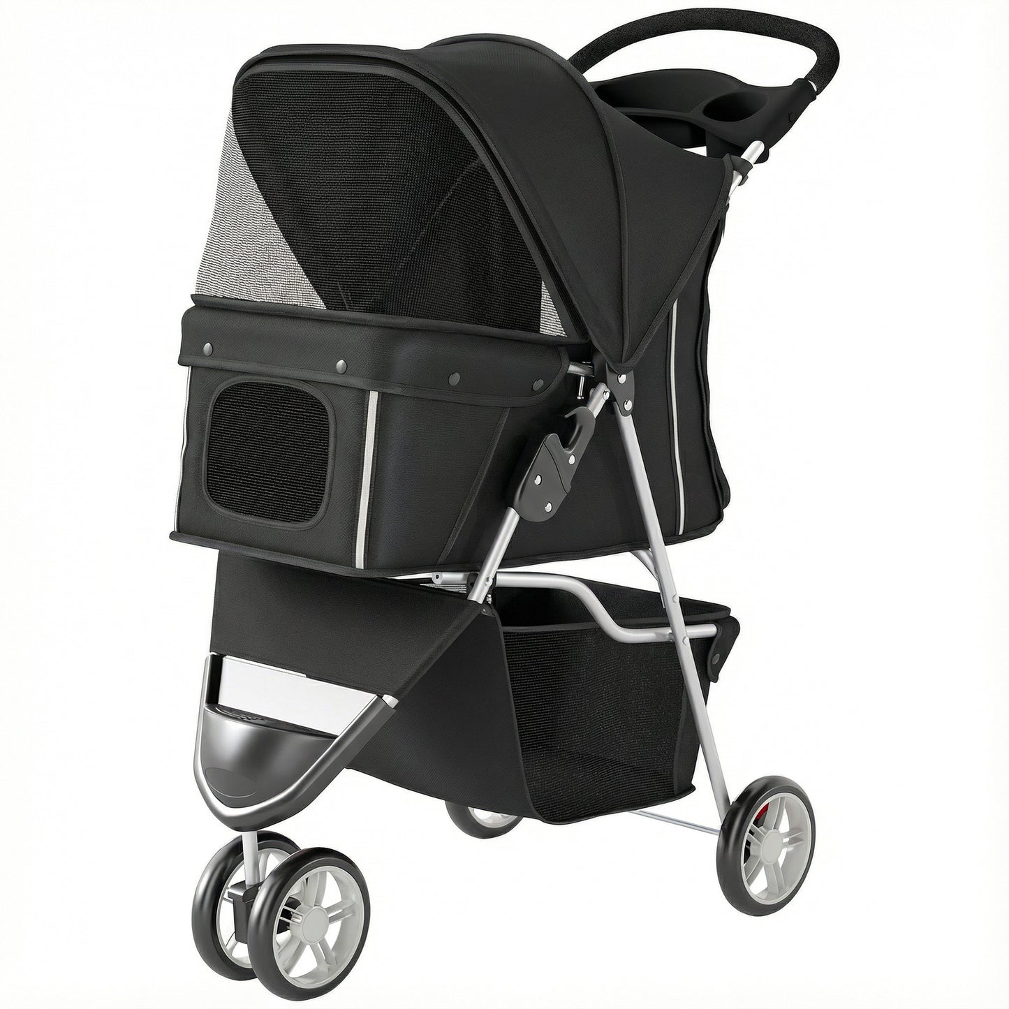3 Wheels Foldable Dog Stroller with Storage Basket, Adjustable Canopy, Cupholder for Miniature and Small Dogs, Black