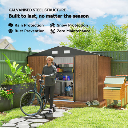 9.1'x6.4'x6.3' Garden Storage Shed, Outdoor Storage Tool House with Vents, Foundation and Lockable Double Doors, Teak