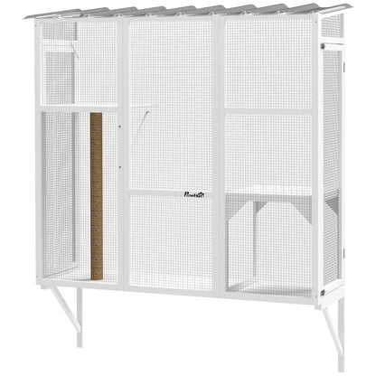 Wooden Catio Outdoor, Cat Window Box Enclosure for 2-3 Large Cats with 2 Jumping Platforms & Scratching Post, White
