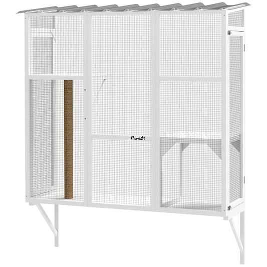 Wooden Catio Outdoor, Cat Window Box Enclosure for 2-3 Large Cats with 2 Jumping Platforms & Scratching Post, White