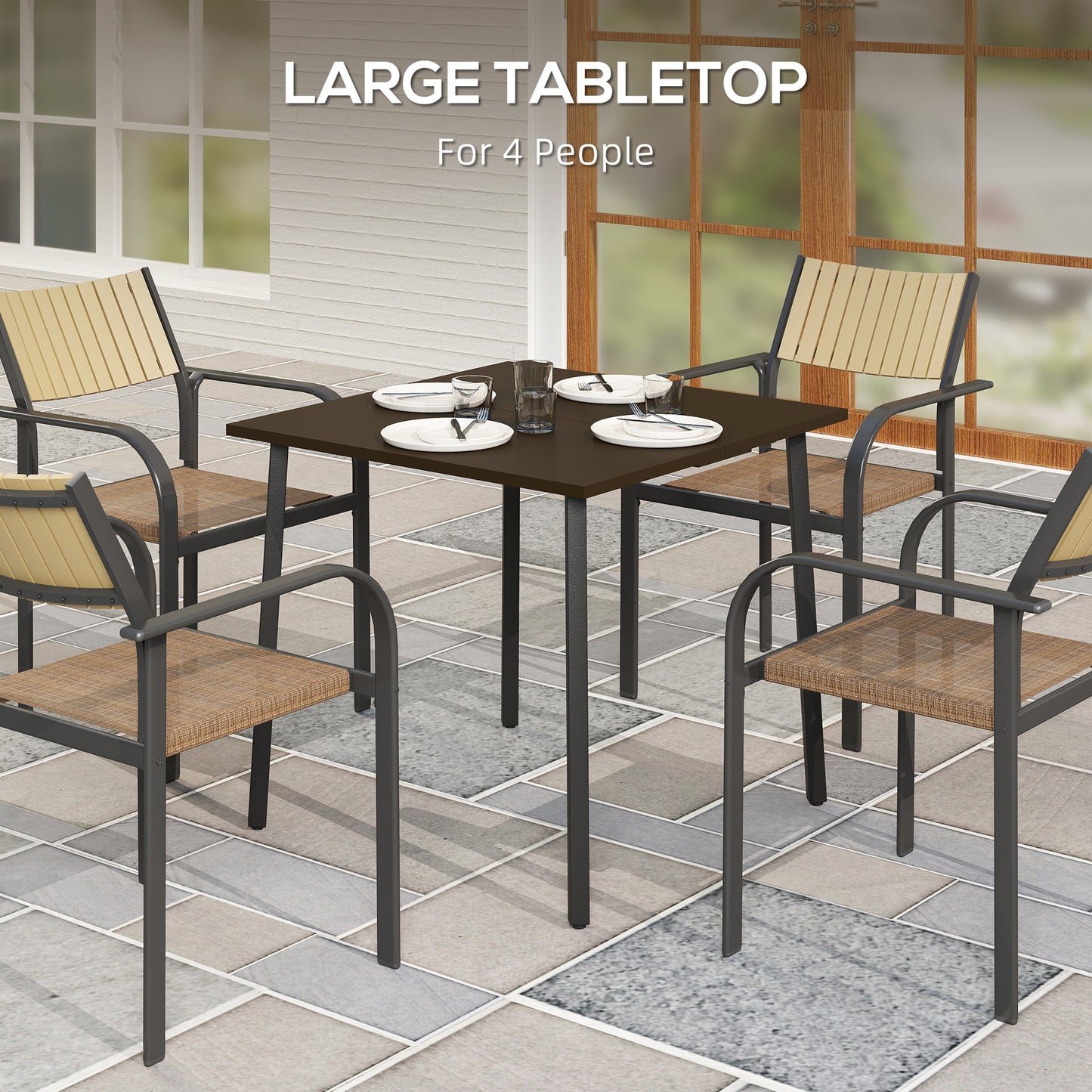 Patio Dining Table with Umbrella Hole for 4 People, Aluminium Legs, for Backyard Lawn Balcony, 31.5" x 31.5", Brown