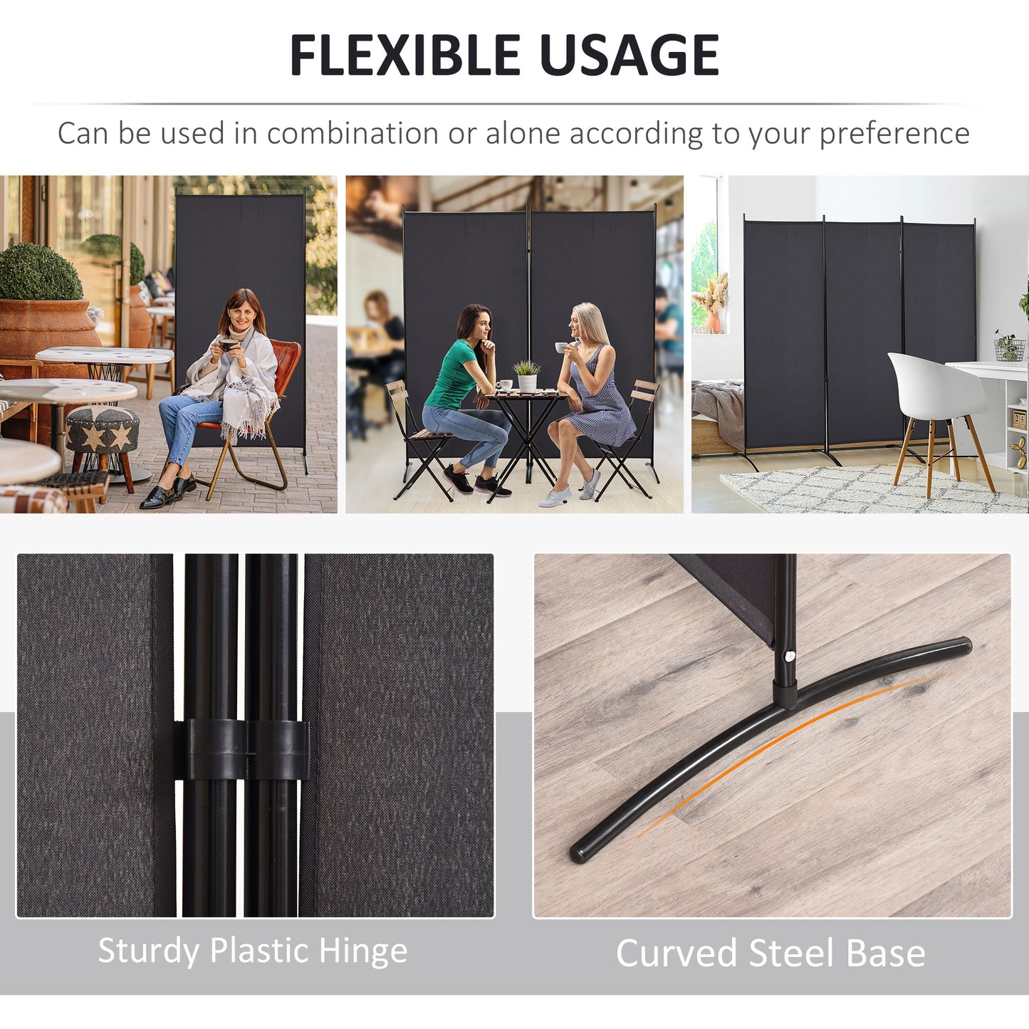 6' 3 Panel Room Divider, Double Hinged Folding Wall Divider, Indoor Privacy Screen for Home Office, Charcoal Grey