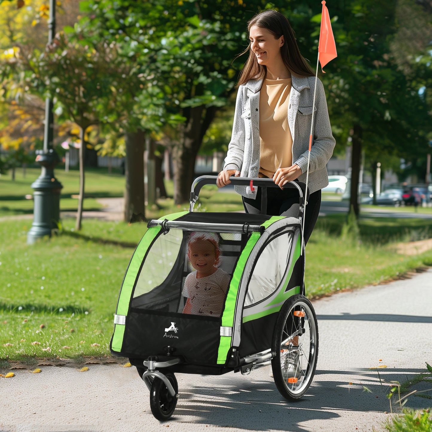 Aosom 2 Seat Bike Trailer for Kids 2-in-1 Double Baby Stroller with Handbrake, Rubber Wheels, 5 Point Harness, Waterproof Cover, Storage Bag, Reflectors, Green