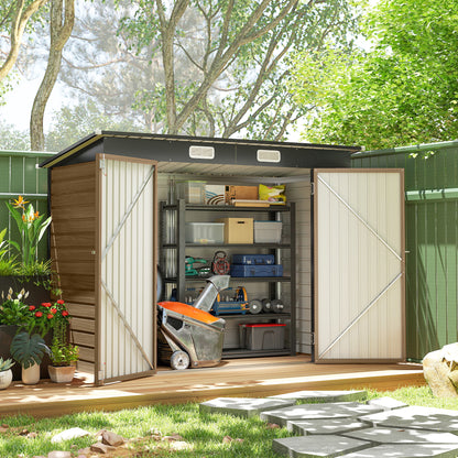 8 x 4 ft Galvanized Garden Storage Shed, Metal Outdoor Tool House with Double Doors and Dual Vents for Backyard and Patio Storage, Teak