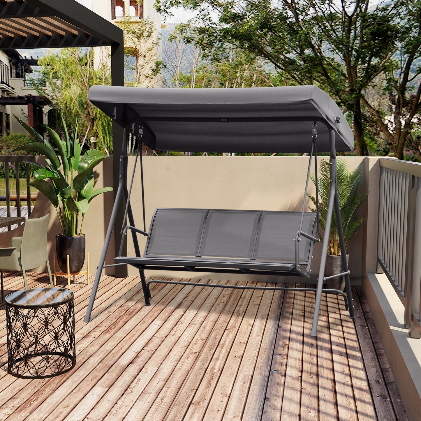 3-Seater Swing Chair Covered Garden Hammock A-Frame Outdoor Porch Glider Sling Seat with Adjustable Canopy Cover, Grey