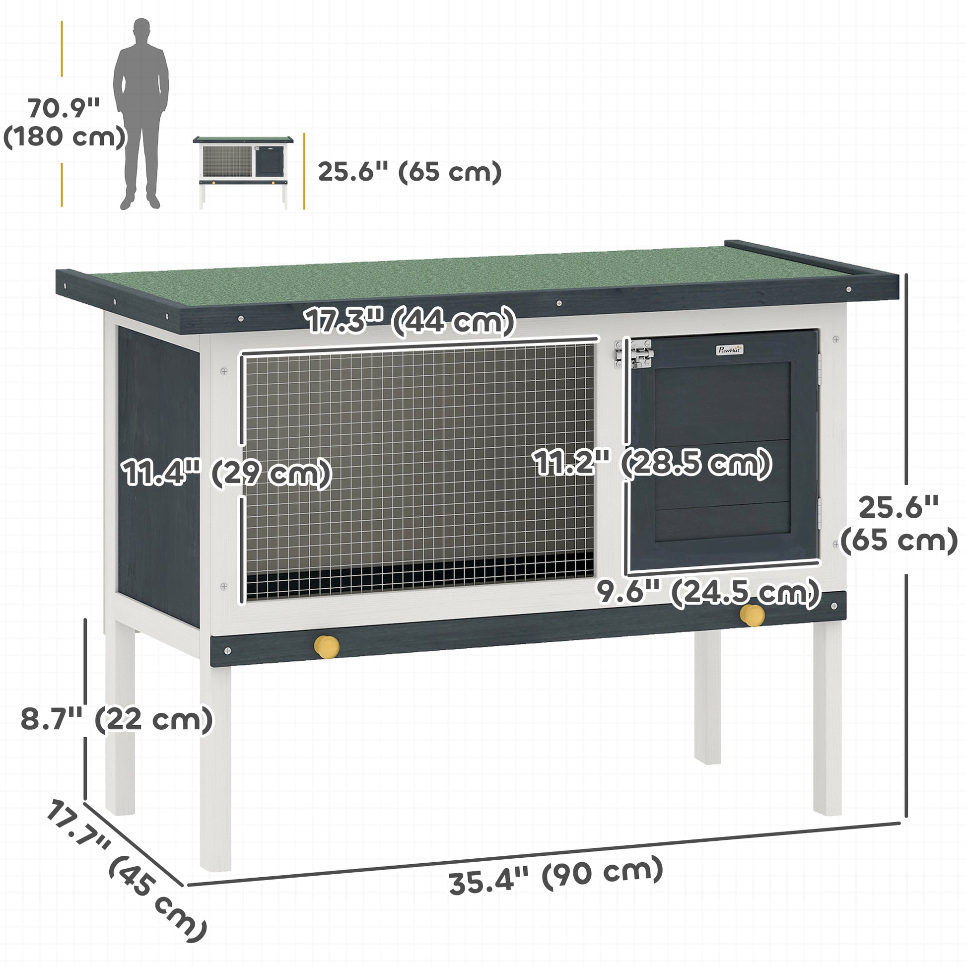 Wooden Outdoor Rabbit Hutch for Small Pet w/ Slide-out Tray, Openable Roof, 35" W x 18" D x 26" H, Dark Grey