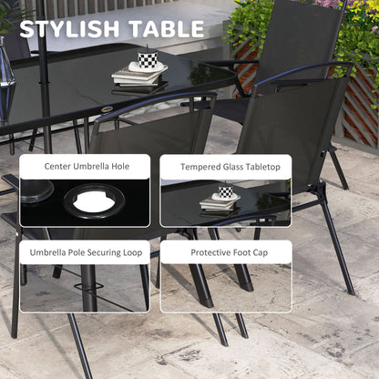8 Piece Patio Set with Umbrella, 6 Folding Chairs, Rectangle Table, Outdoor Dining Set for 6 with Mesh Seat, Black