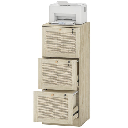 3 Drawer Filing Cabinet with Lock, Boho File Cabinet for A4 Letter Size Files with Decorative Rattan Accents, Oak