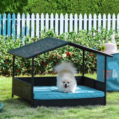 Rattan Dog House with Canopy, Wicker Dog Bed with Water-Resistant Cushion, for Small and Medium Breeds Blue