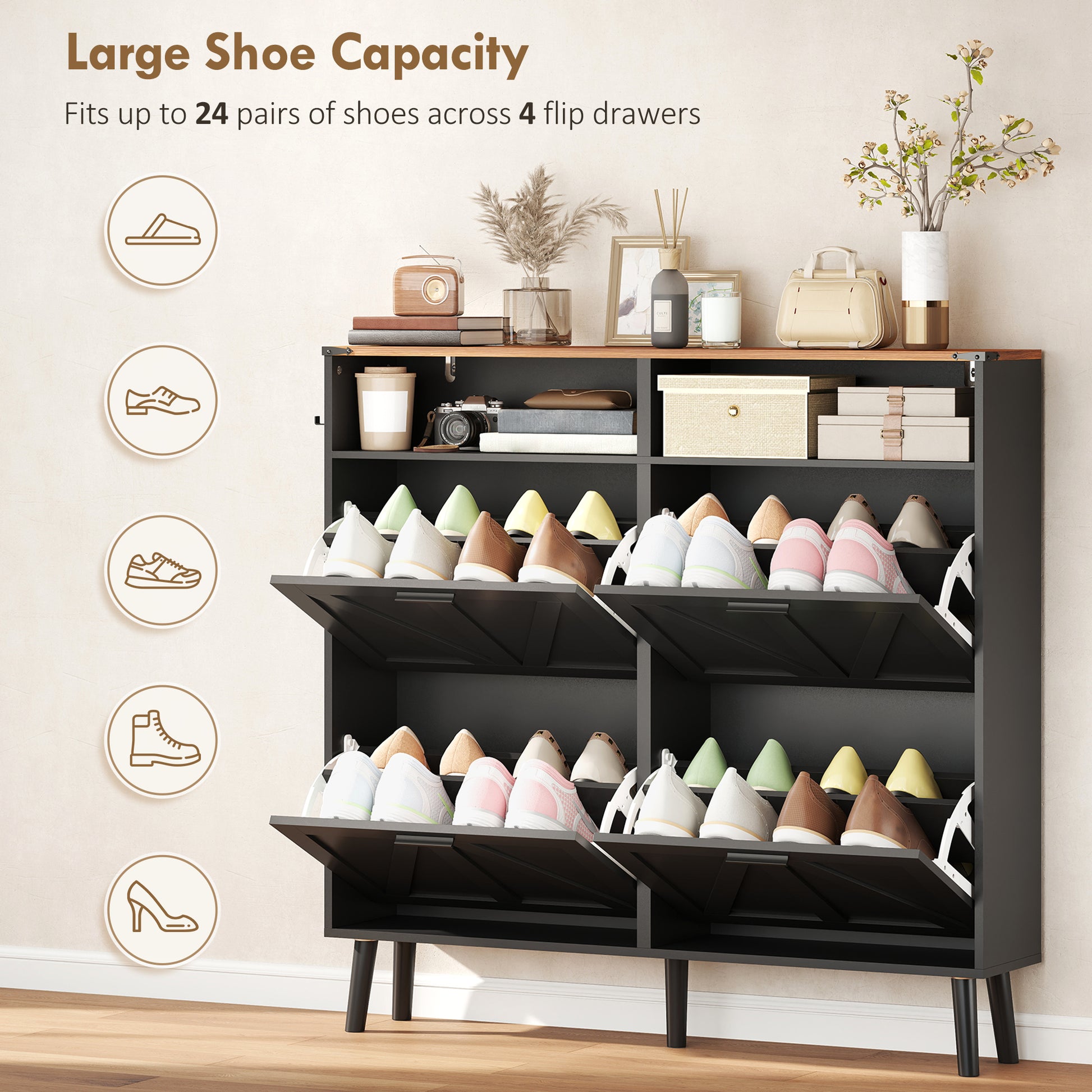 Shoe Storage Cabinet with 4 Flip Drawers, Farmhouse Narrow Shoe Cabinet, Holds Up to 24 Pairs, Black