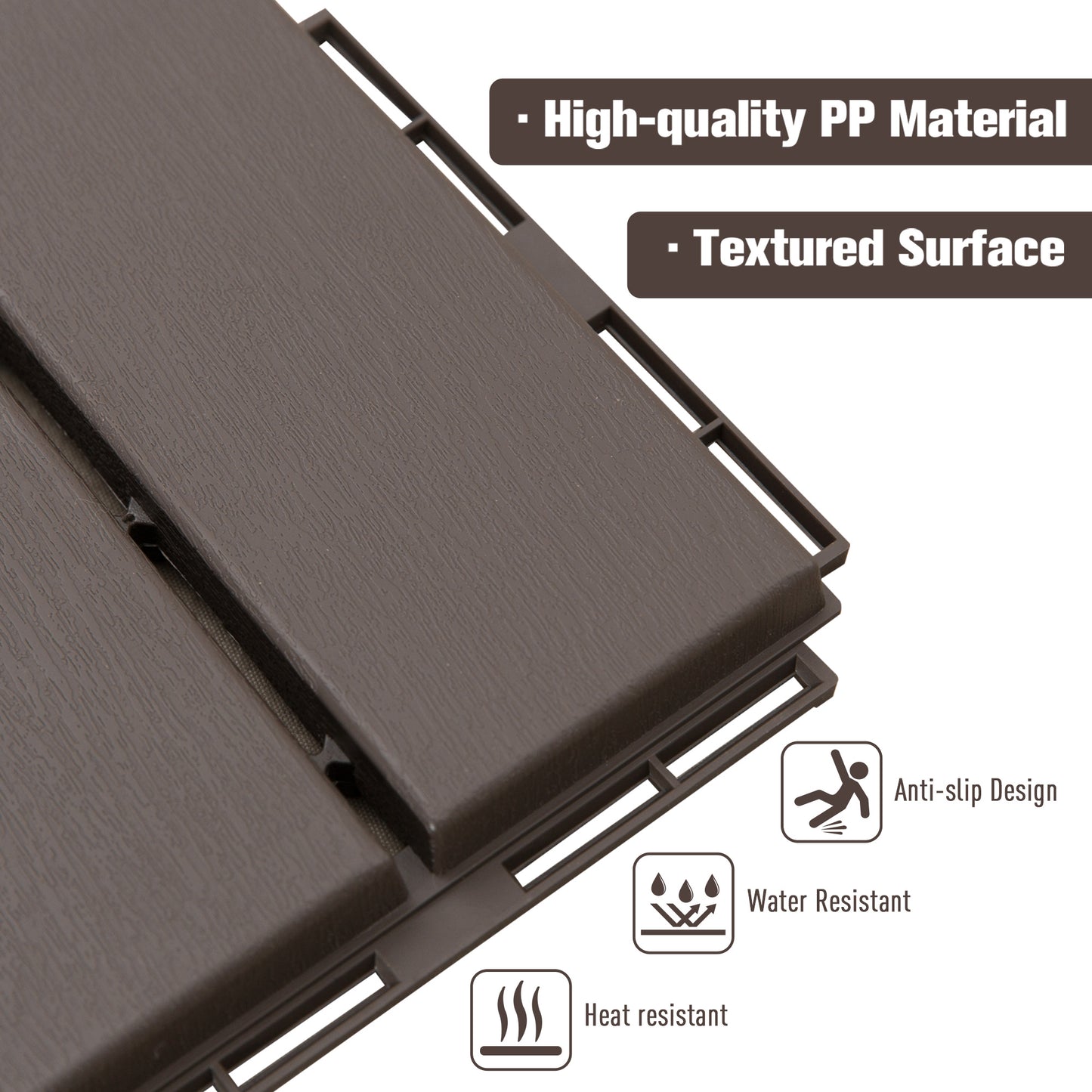 9 Pcs PP Interlocking Composite Deck Tile, 12" x 12" Outdoor Flooring Tiles for Indoor and Outdoor Use, Tools Free Assembly, Brown