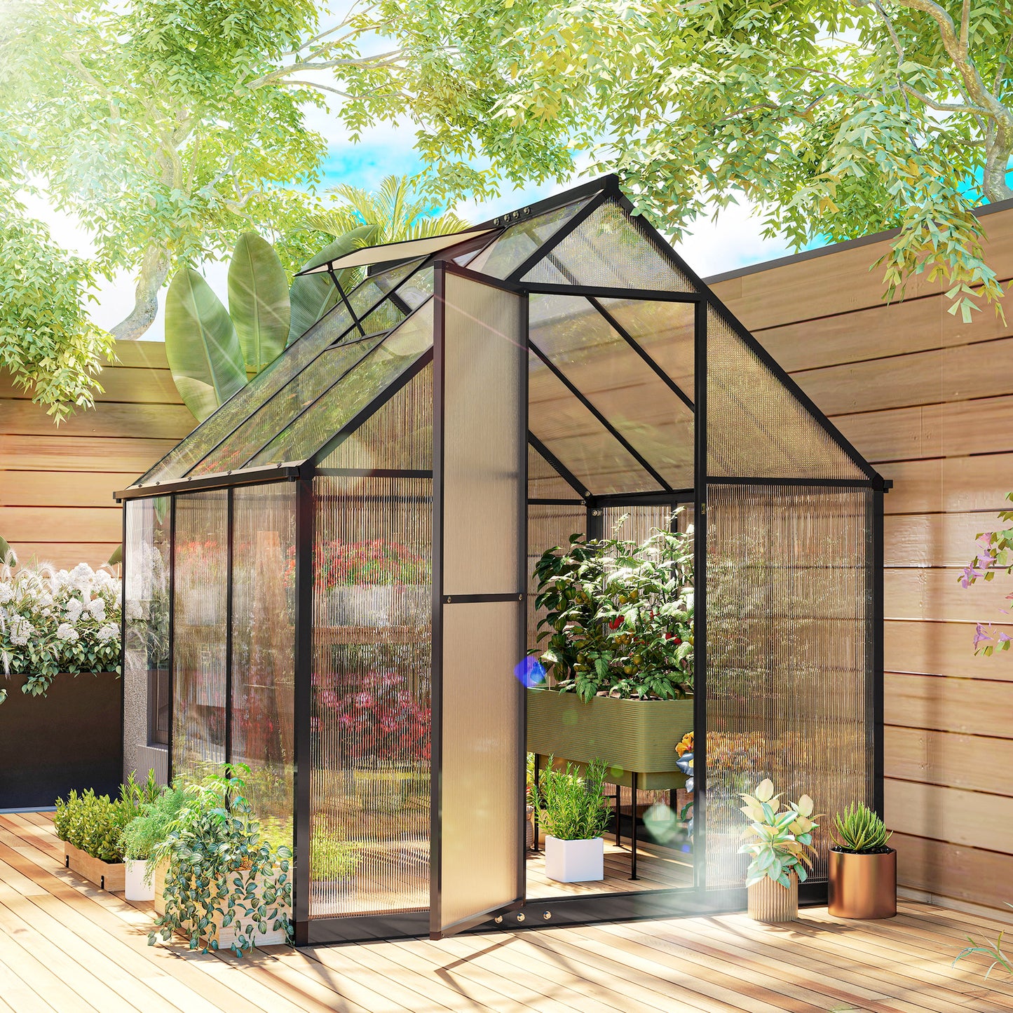 Polycarbonate Greenhouse with Swing Door and Adjustable Window, Walk-in Greenhouse with Rain Gutter, 6 x 6.5ft, Black