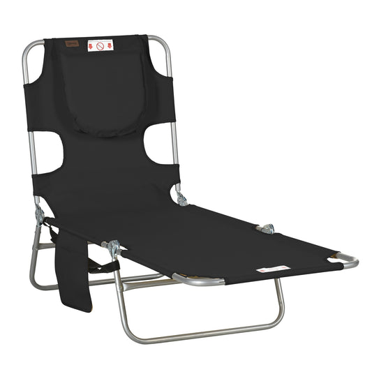 Folding Outdoor Lounge Chair, 5-Level Tanning Chair with Face Hole, Side Pocket, Carry Strap for Beach Pool, Black