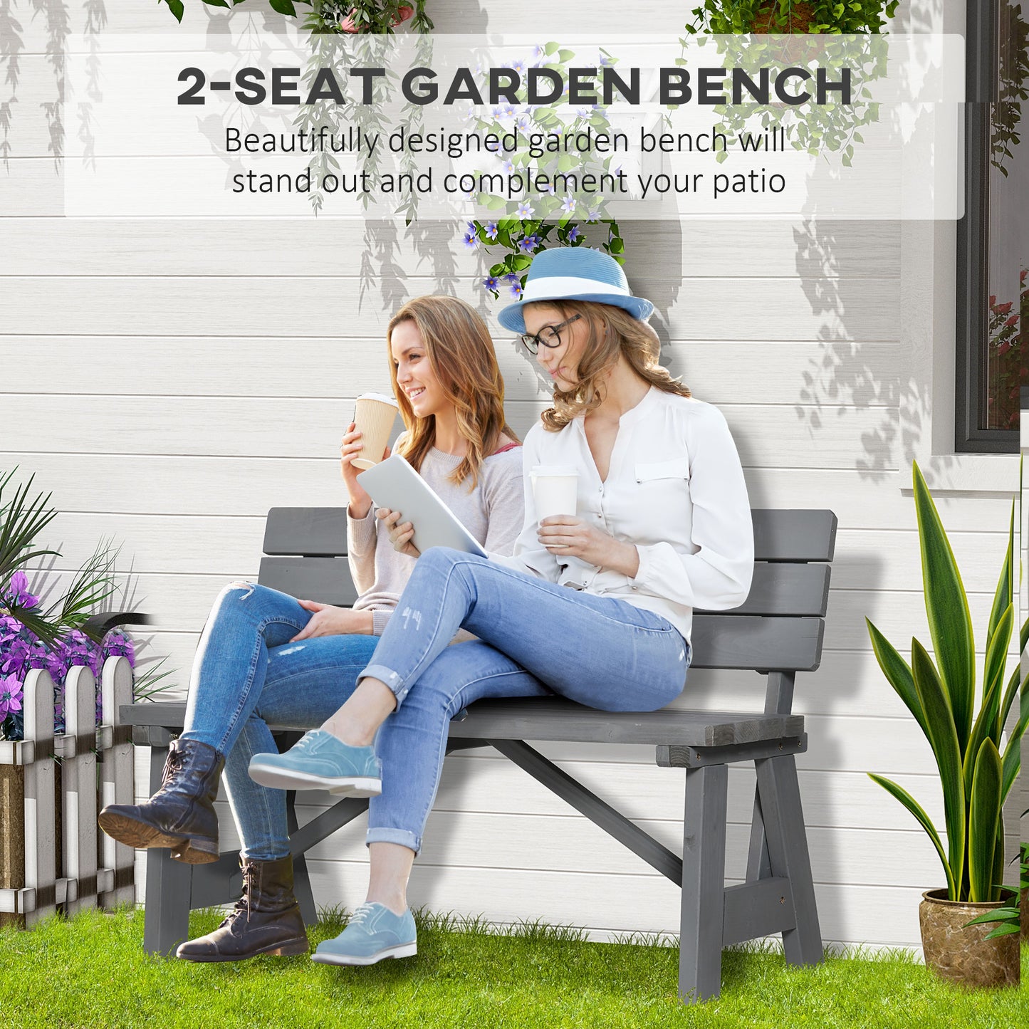 Wooden Garden Bench for Outdoor, 2-person Patio Bench, Loveseat Furniture for Lawn, Deck, Yard, Porch and Entryway, Grey