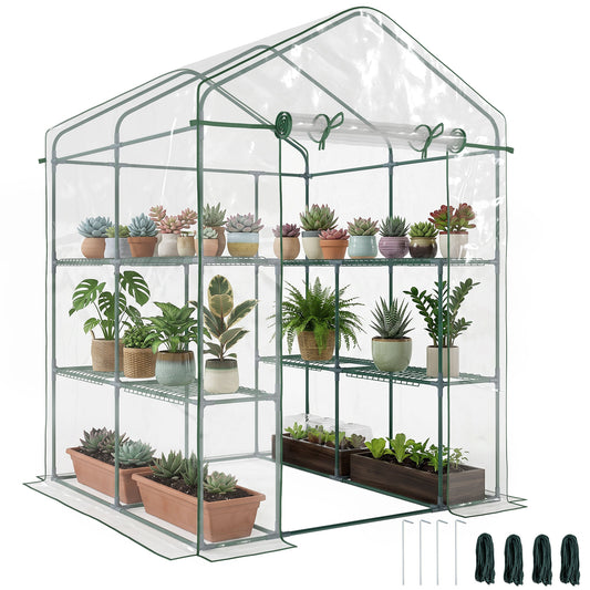 56" x 56" x 77" Walk-in Greenhouse, Portable Garden Flower Seed Warm House with 8 Shelves, Outdoor Plant Growth Hot House, PVC Cover, Transparent