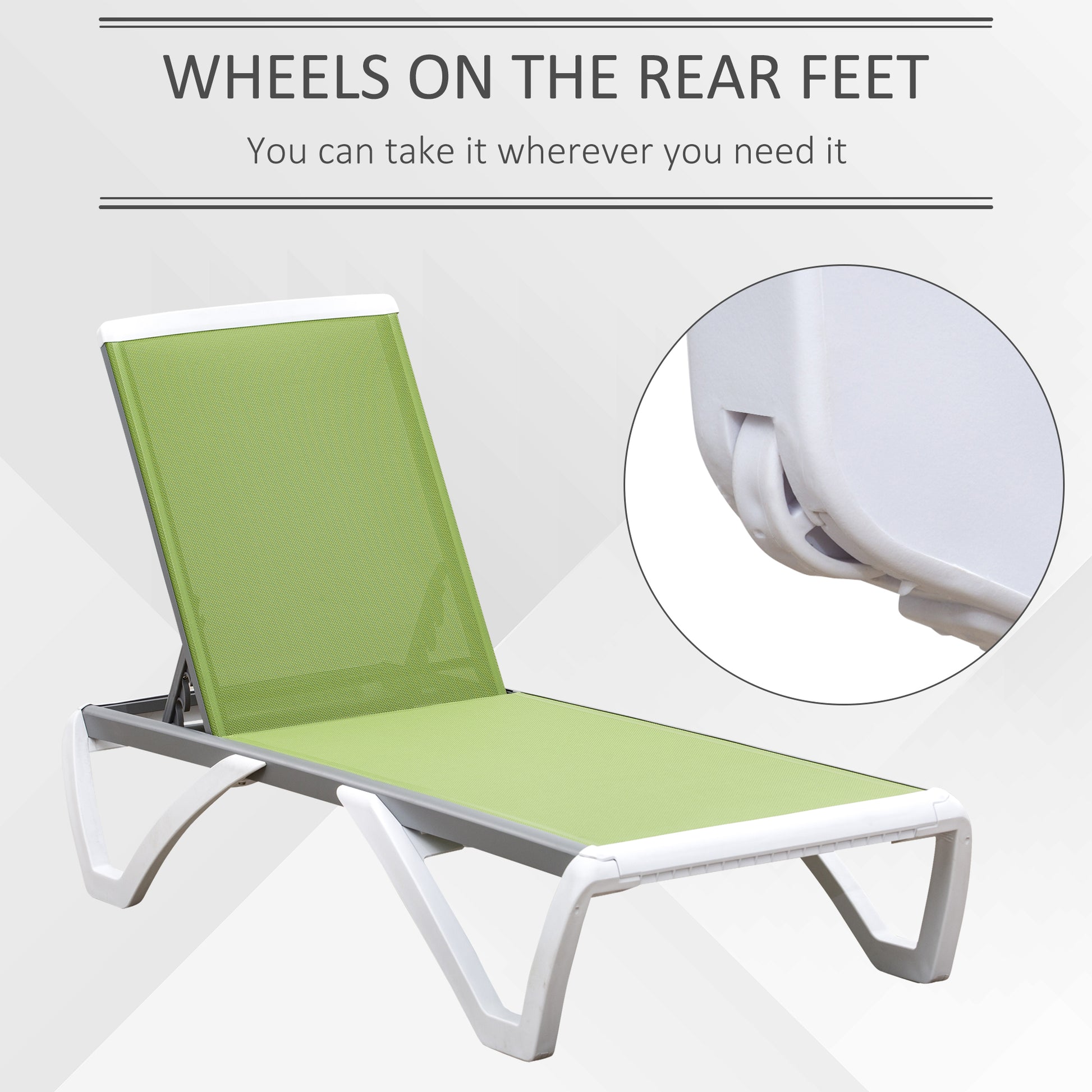 Outdoor Chaise Lounge Chair, Patio Aluminum Tanning Chair with 5-Level Adjustable Back, Portable Wheels, Breathable Mesh Fabric, for Pool, Deck, Garden, Green