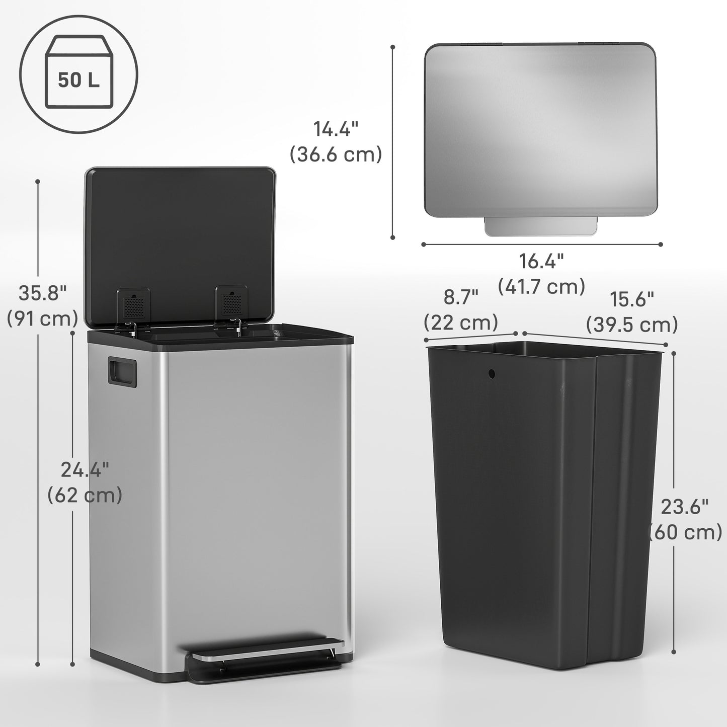 Trash Can with Soft-Close Lid, Garbage Can with Removable Inner Bucket for Kitchen 13.2gal, Silver