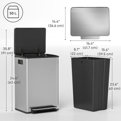 Trash Can with Soft-Close Lid, Garbage Can with Removable Inner Bucket for Kitchen 13.2gal, Silver