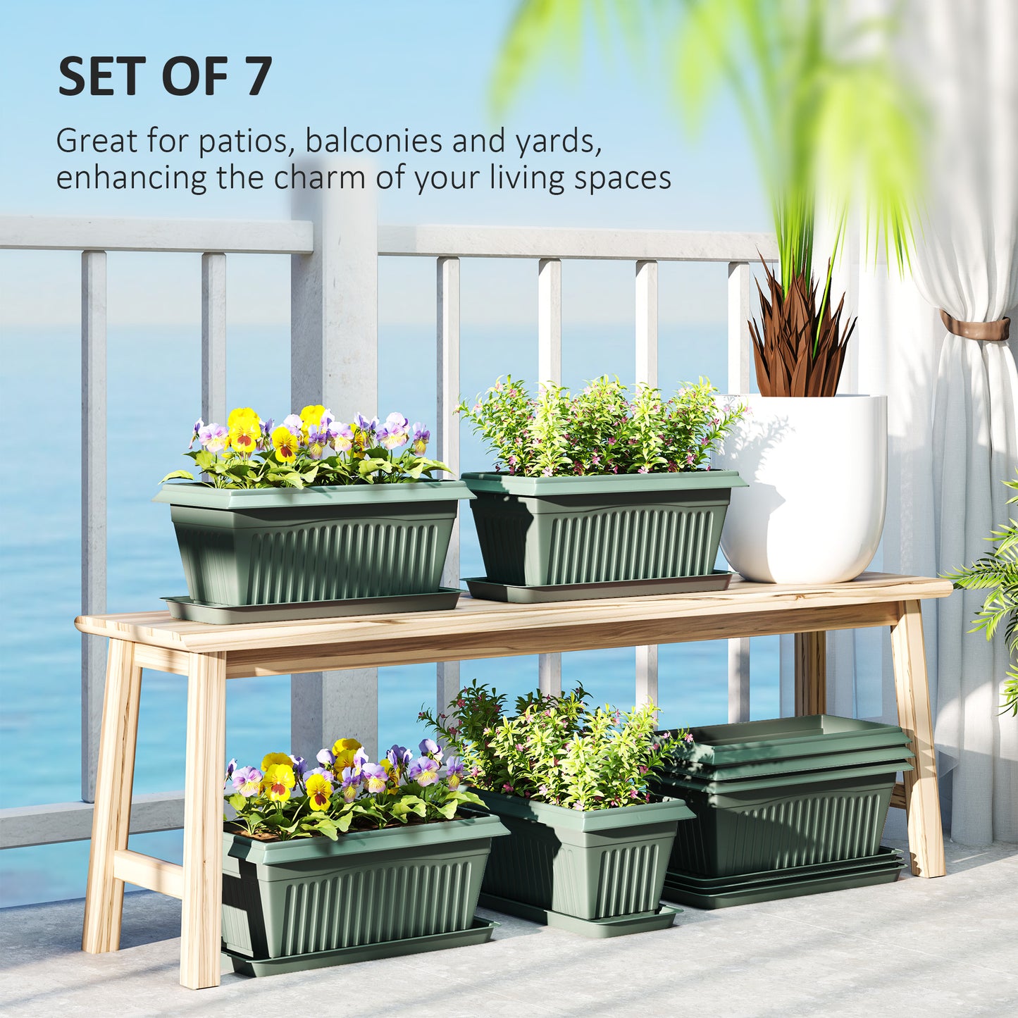 7 Pack 15.7" Plastic Flower Planters with Drainage Holes and Trays, Plant Pots for Indoor Outdoor Plants, Green