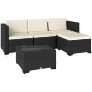5 Piece Patio Furniture Set, L-Shape Wicker Outdoor Sectional with 3 Chairs, Ottoman, Glass Table, Cushions, Cream
