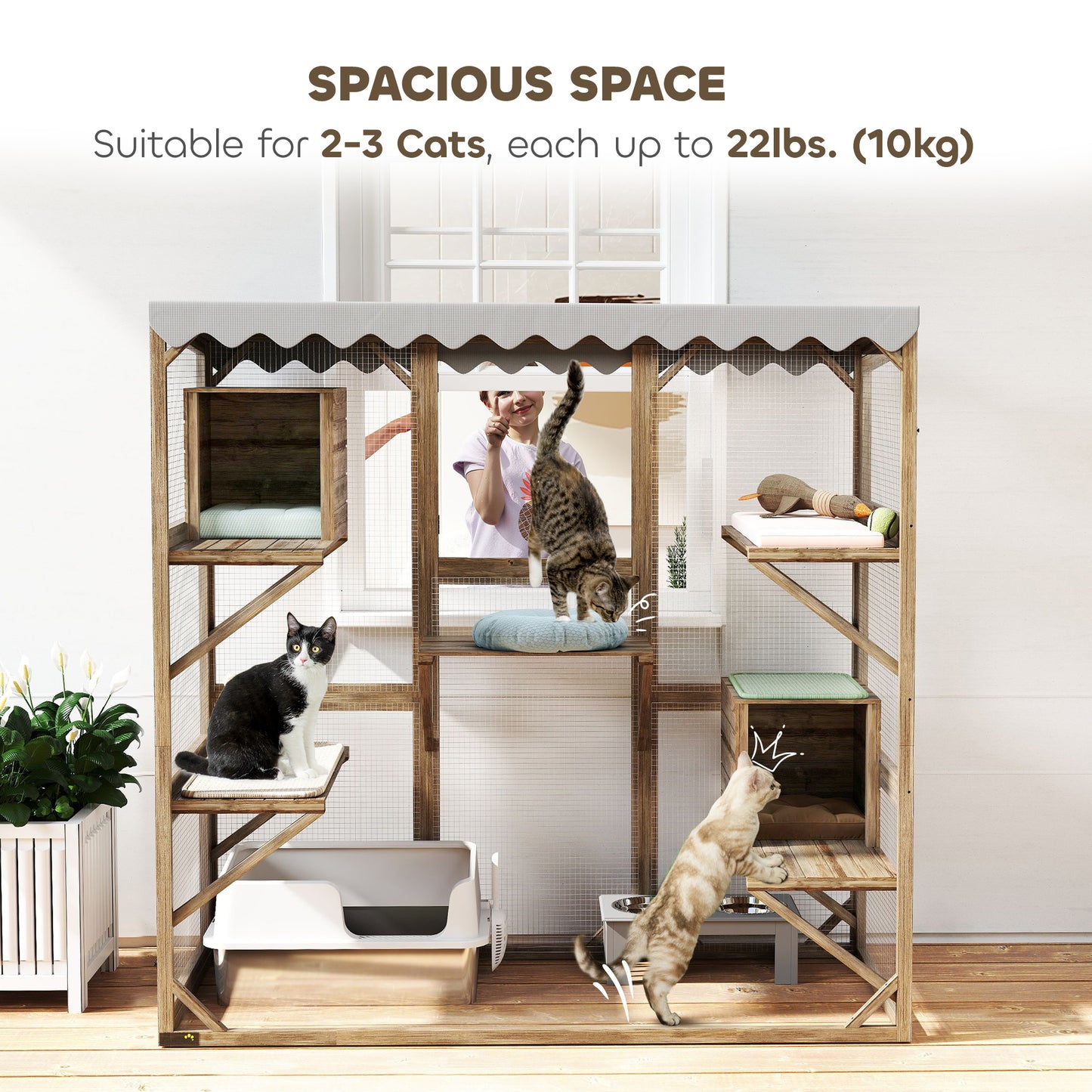 Wooden Catio Outdoor with Window Access, Waterproof Cover, Relaxing Condo, 5 Platforms, Doors, 59" x 28" x 59", Brown