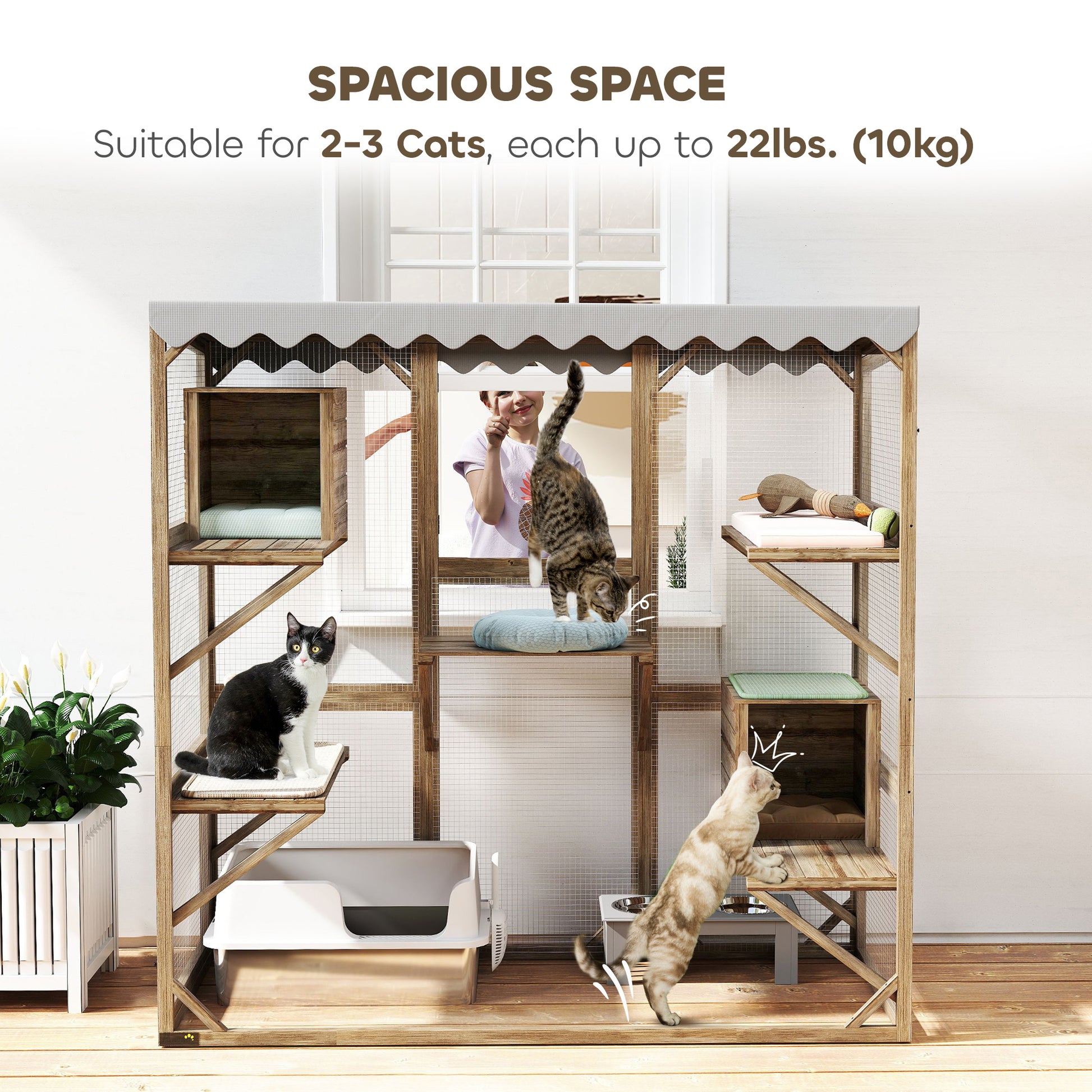 Wooden Catio Outdoor with Window Access, Waterproof Cover, Relaxing Condo, 5 Platforms, Doors, 59" x 28" x 59", Brown